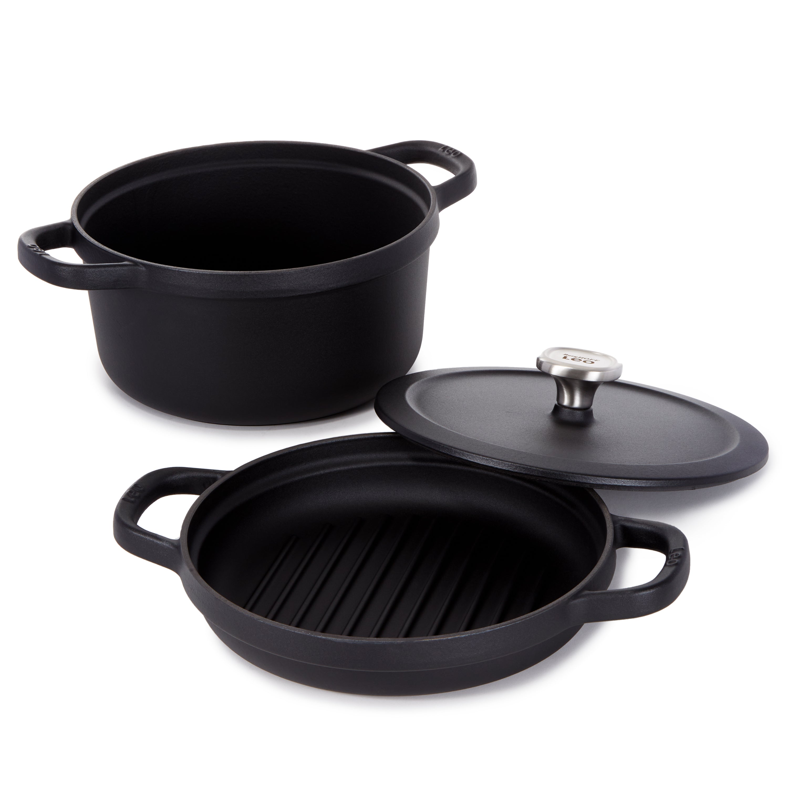 BergHOFF Leo Graphite 3-Piece Enameled Cast Iron Cookware Set - Dutch Oven, Saucepan & Skillet for Baking, Braising & Searing - Perfect for Stovetop, Oven & Outdoor Cooking