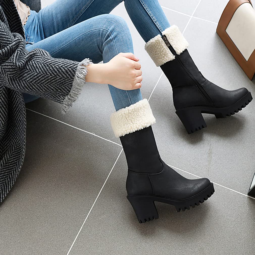 SO SIMPOK Women's Winter Snow Boots with Side Zipper - Warm Ankle Boots Suede Chunky Block Heel Round Toe Faux Fur Lined - Waterproof Outdoor Mid Calf Boots for Snowy Weather, Hiking & Casual Winter Wear