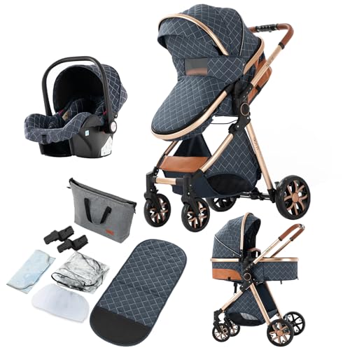 3 in 1 Baby Travel System - Reversible Luxury Stroller & Foldable Pram for Newborn to Toddler | Lightweight, Portable & Adjustable | Perfect for Shopping, Travel & Daily Walks (MGV9-BLUE Without Base)