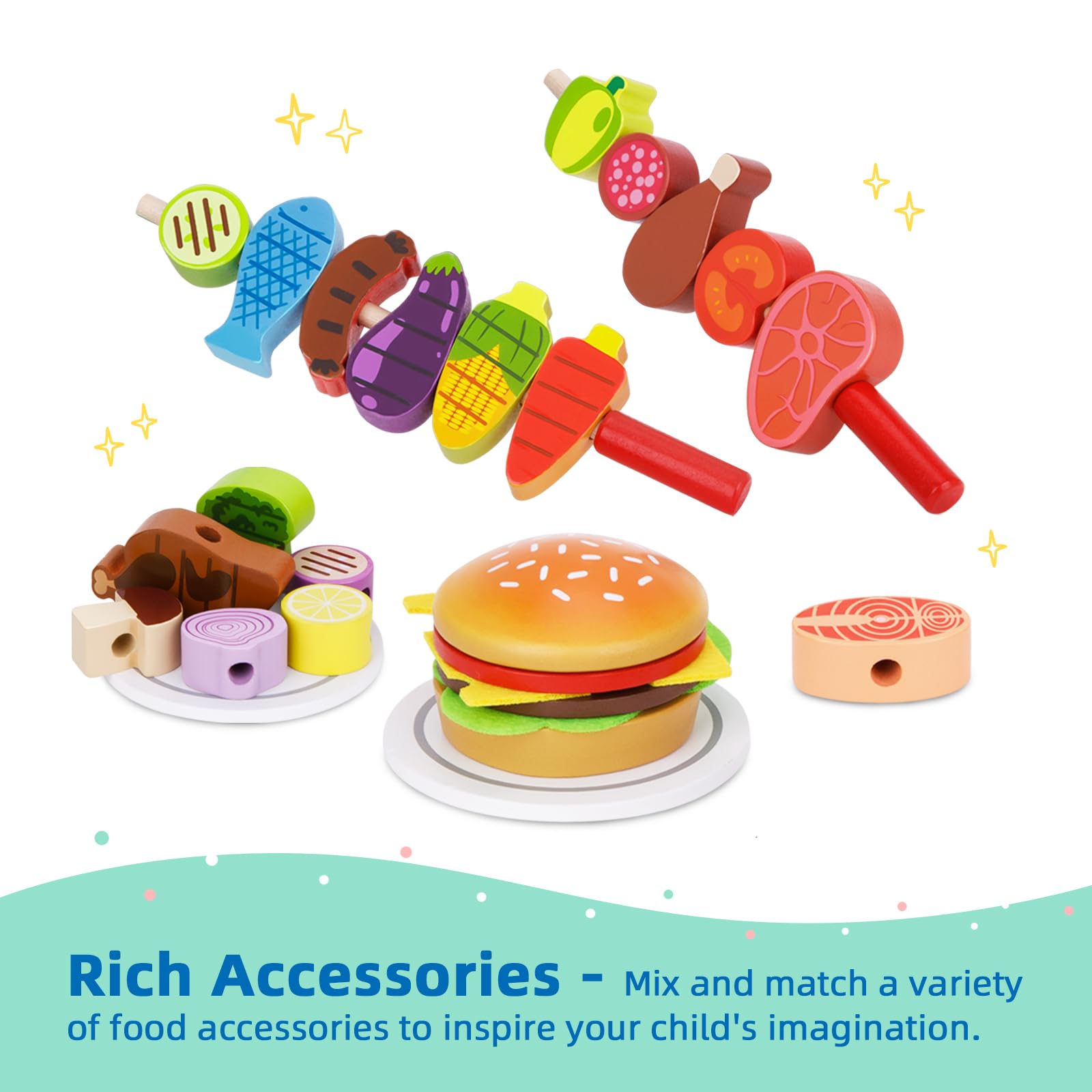 **Wooden Play BBQ Grill Toy Set for Kids - Pretend Play Kitchen Accessories with Toy Food & Grilling Tools - Perfect for Toddlers Boys & Girls Ages 3+ - Outdoor & Indoor Imaginative Play**