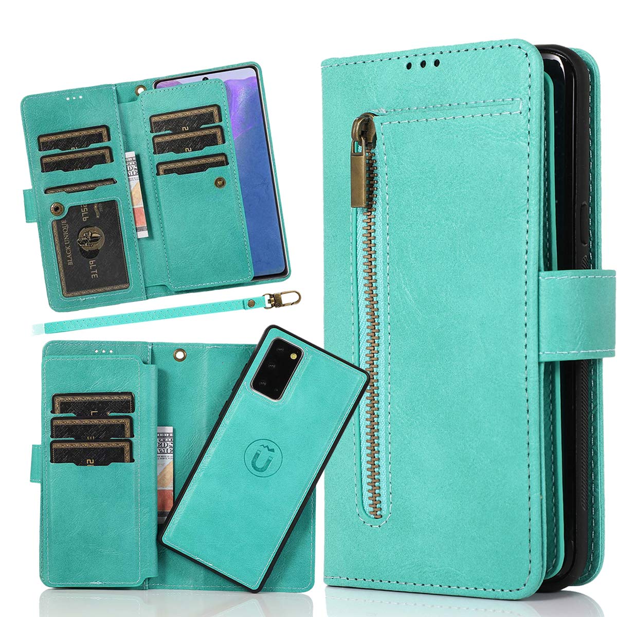 Samsung Galaxy Note 20 Wallet Case for Women - PU Leather Magnetic Flip Cover with Card Holder & Detachable Phone Pouch (Green) | Perfect for Everyday Use, Travel, and Business Meetings