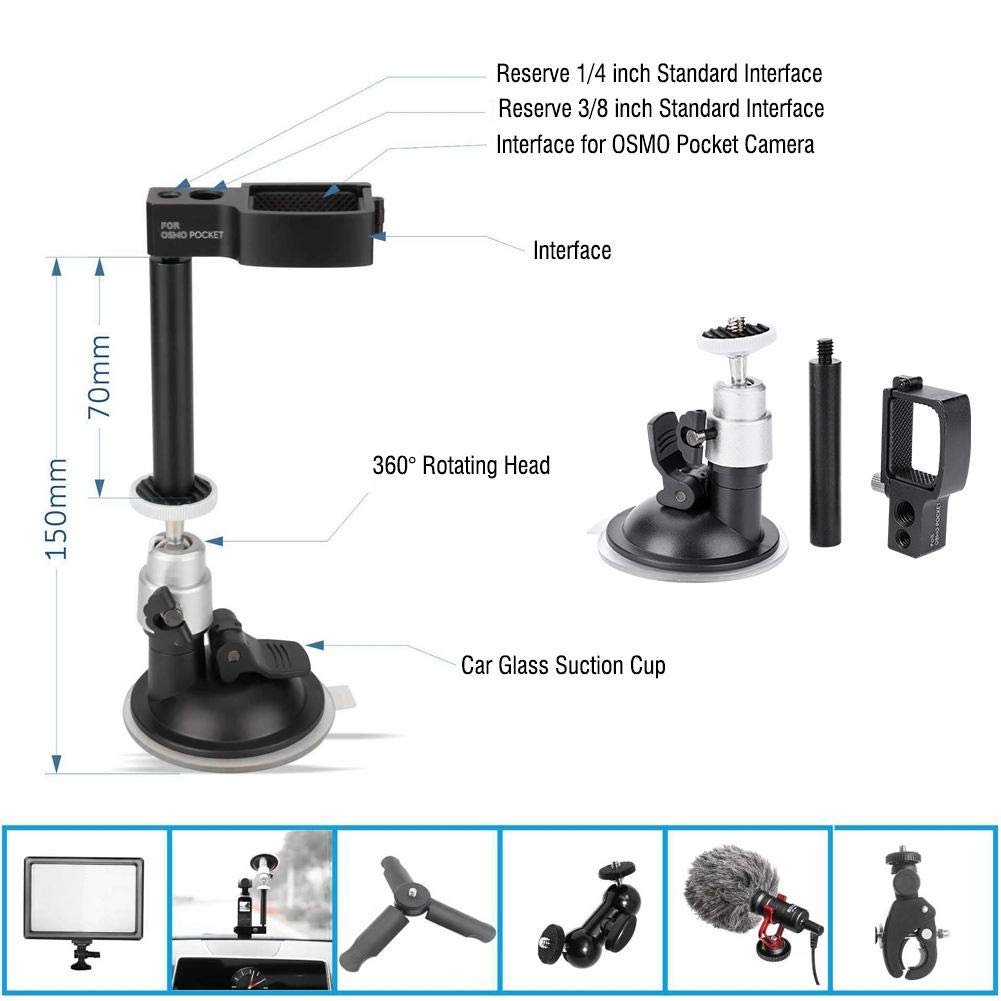 Camera Car Bracket - 3/8 & 1/4 Inch Universal Windshield Mount Stand with Suction Cup for DJI Osmo Pocket - Perfect for Vlogging, Road Trips & Hands-Free Filming