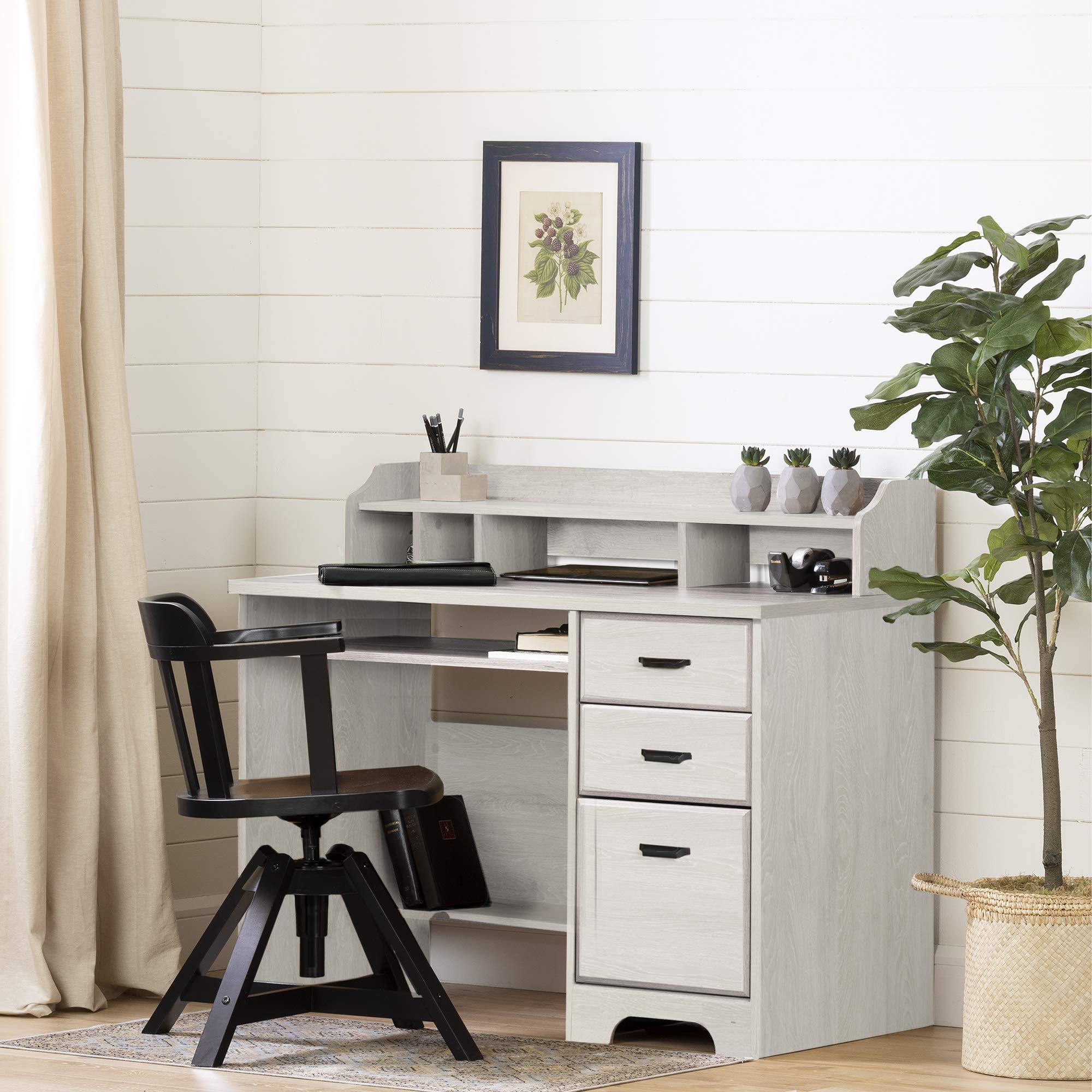 South Shore Versa Computer Desk with Hutch in Winter Oak Finish – Traditional Home Office Desk for Work & Study