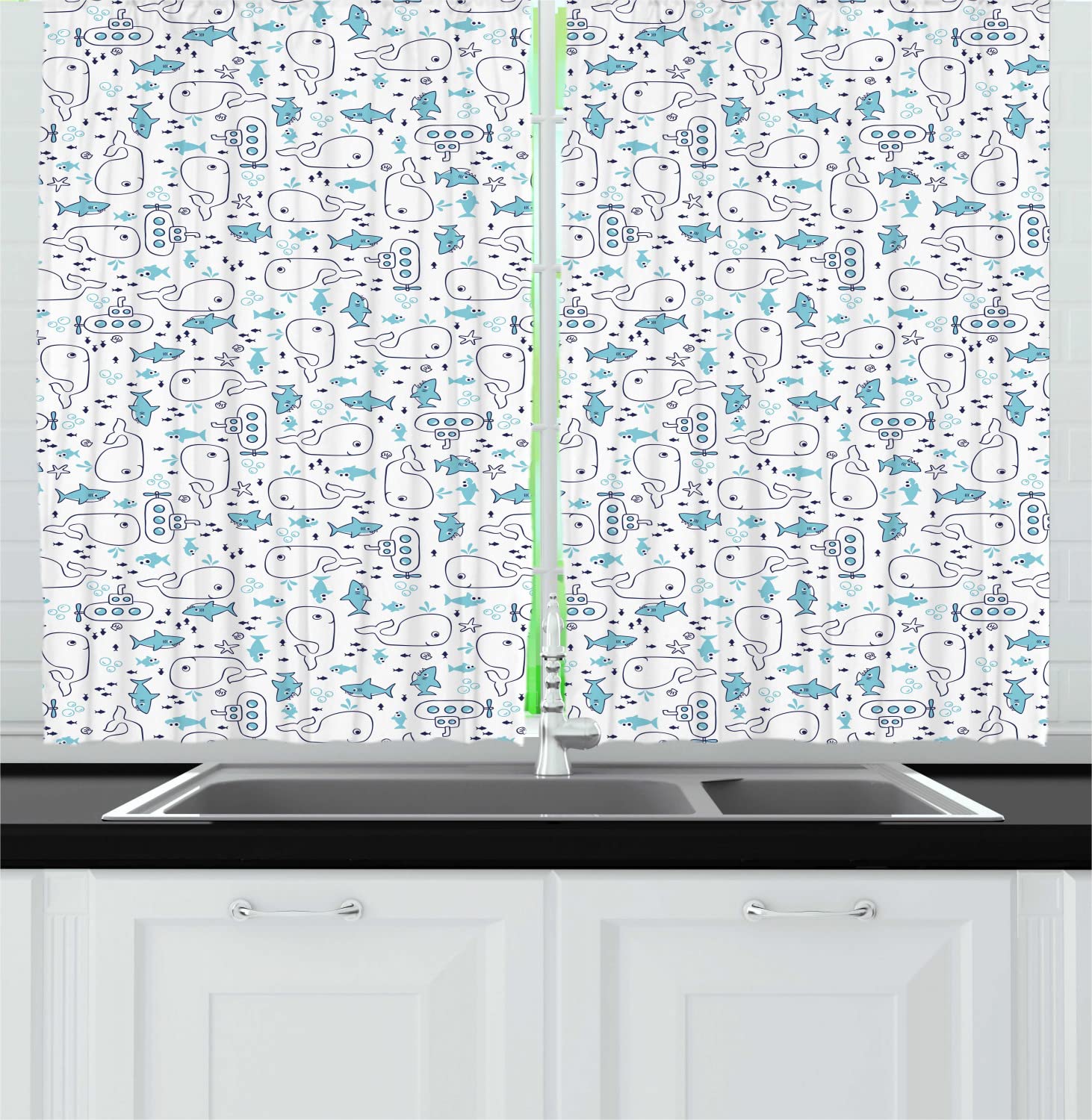 Ambesonne Whales Long Kitchen Curtains - Marine Themed with Sharks, Fish & Submarines - 2 Panel Rod Pocket Drapes 55x45 Inch - Indigo White Sea Blue - Perfect for Beach House Decor & Ocean Themed Bedrooms