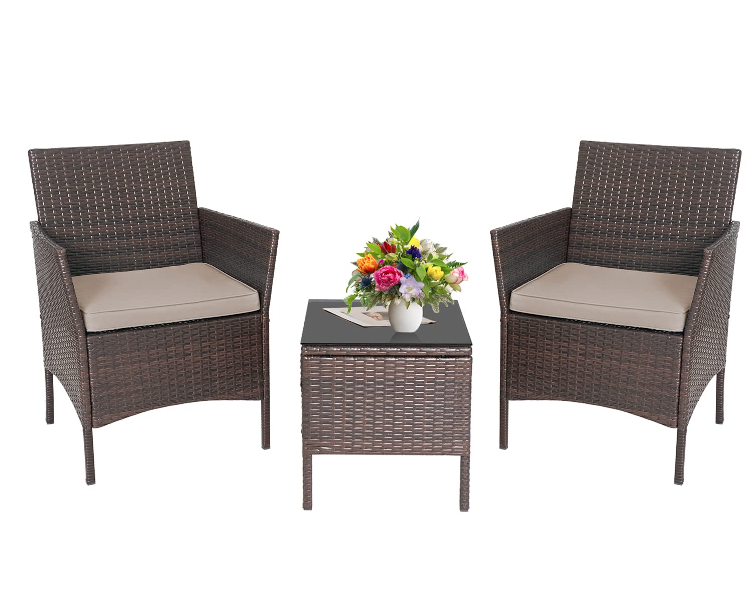3-Piece Outdoor Wicker Bistro Set - Patio Conversation Furniture with 2 PE Rattan Chairs, 2 Cushions & Coffee Table - Perfect for Garden, Yard, Porch or Balcony Relaxation & Entertaining