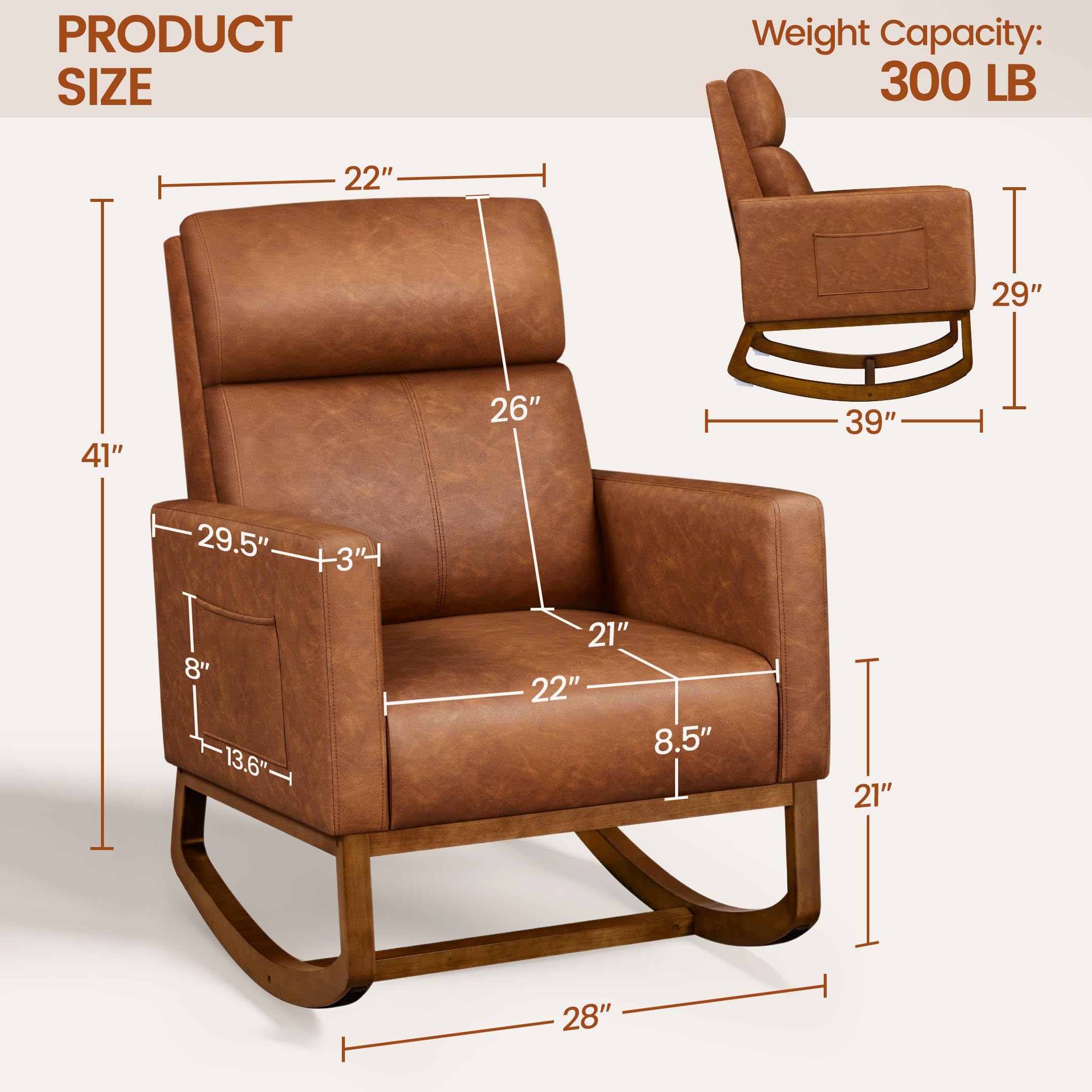 Yaheetech Modern Faux Leather Glider Rocking Chair with Rubber Wood Legs & Side Pocket - Nursery, Living Room, Bedroom Accent Armchair - Perfect for Nursing, Reading & Relaxing (Brown)
