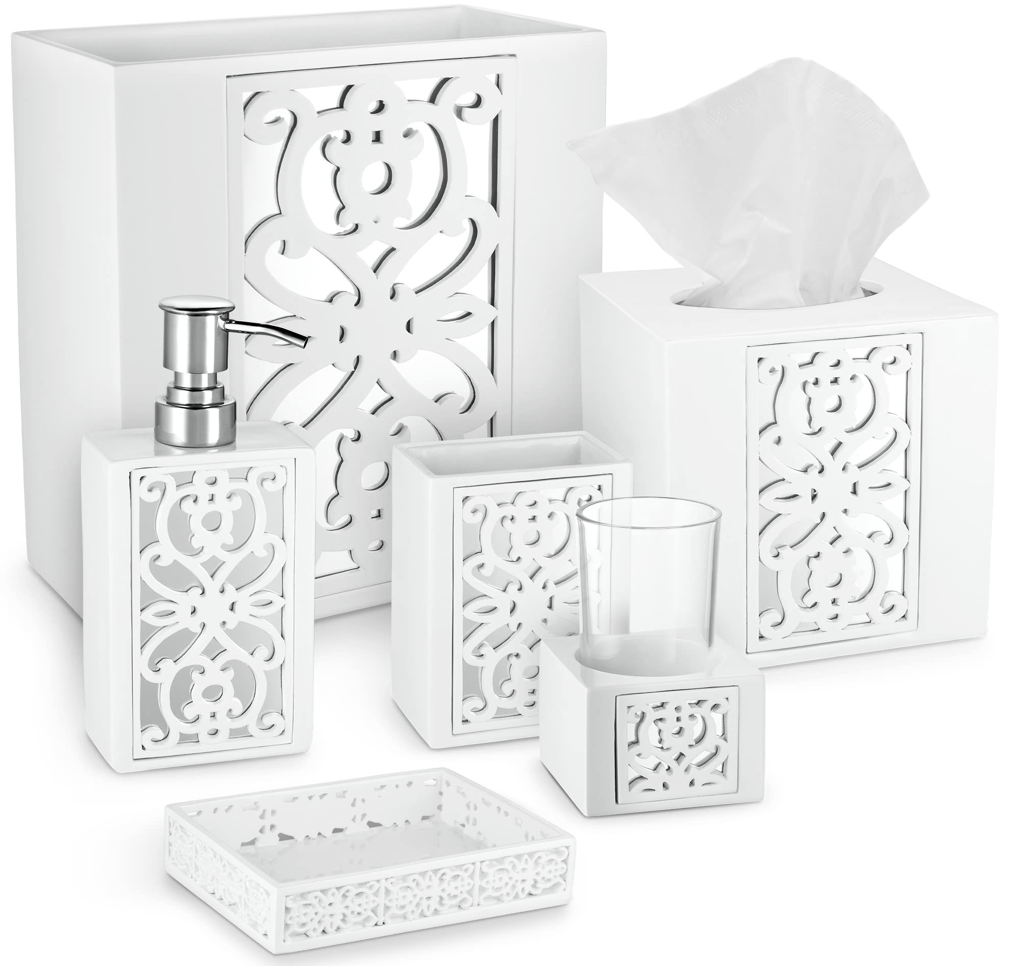 Creative Scents Mirror Janette White 6-Piece Bathroom Accessories Set - Includes Soap Dispenser, Toothbrush Holder, Tumbler Cup, Soap Dish, Tissue Cover & Wastebasket | Elegant Bathroom Decor for Home, Hotel & Spa