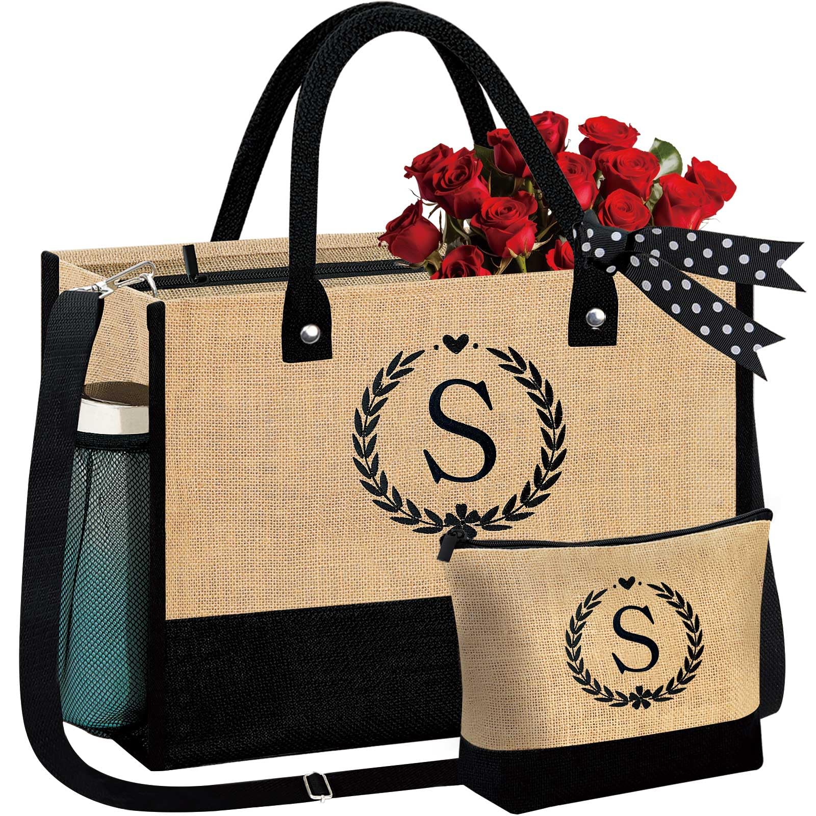 Personalized Initial Jute Tote Bag & Makeup Pouch Set for Women - Custom Monogrammed Beach Bag with Zipper - Perfect Gift for Brides, Moms, and Friends - Great for Travel, Shopping, and Beach Outings