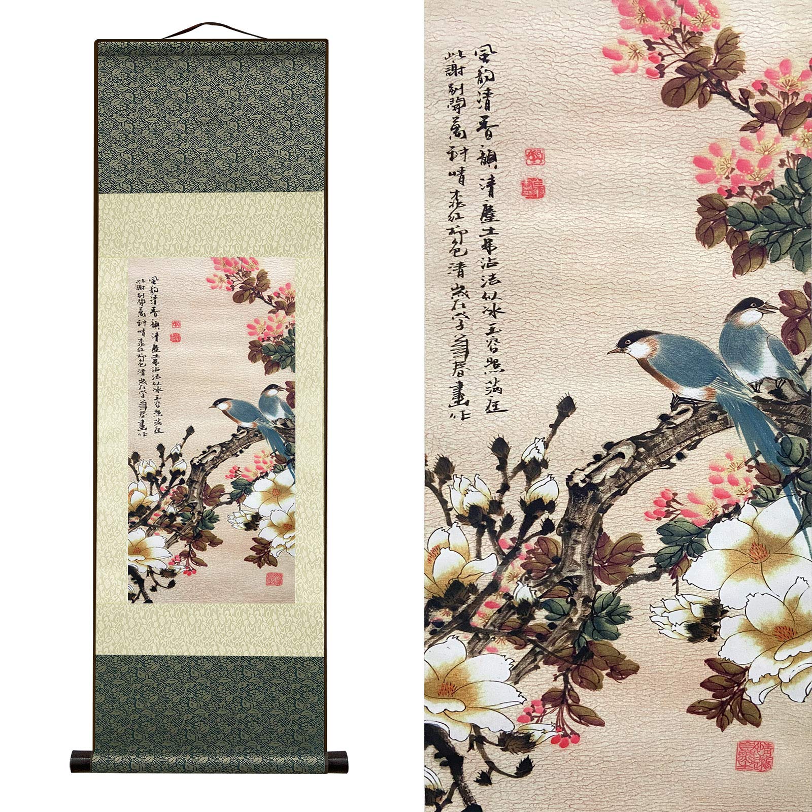 ATFArt Asian Wall Decor - Exquisite Silk Scroll Painting of Flowers and Birds, Oriental Chinese Art Wall Hanging (36.2 x 12 Inch) - Perfect for Living Room, Bedroom, Office & Meditation Space Decor