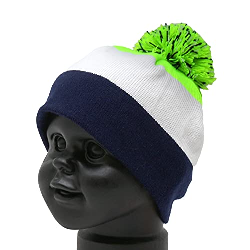Blue and Green Striped Beanie With Pom