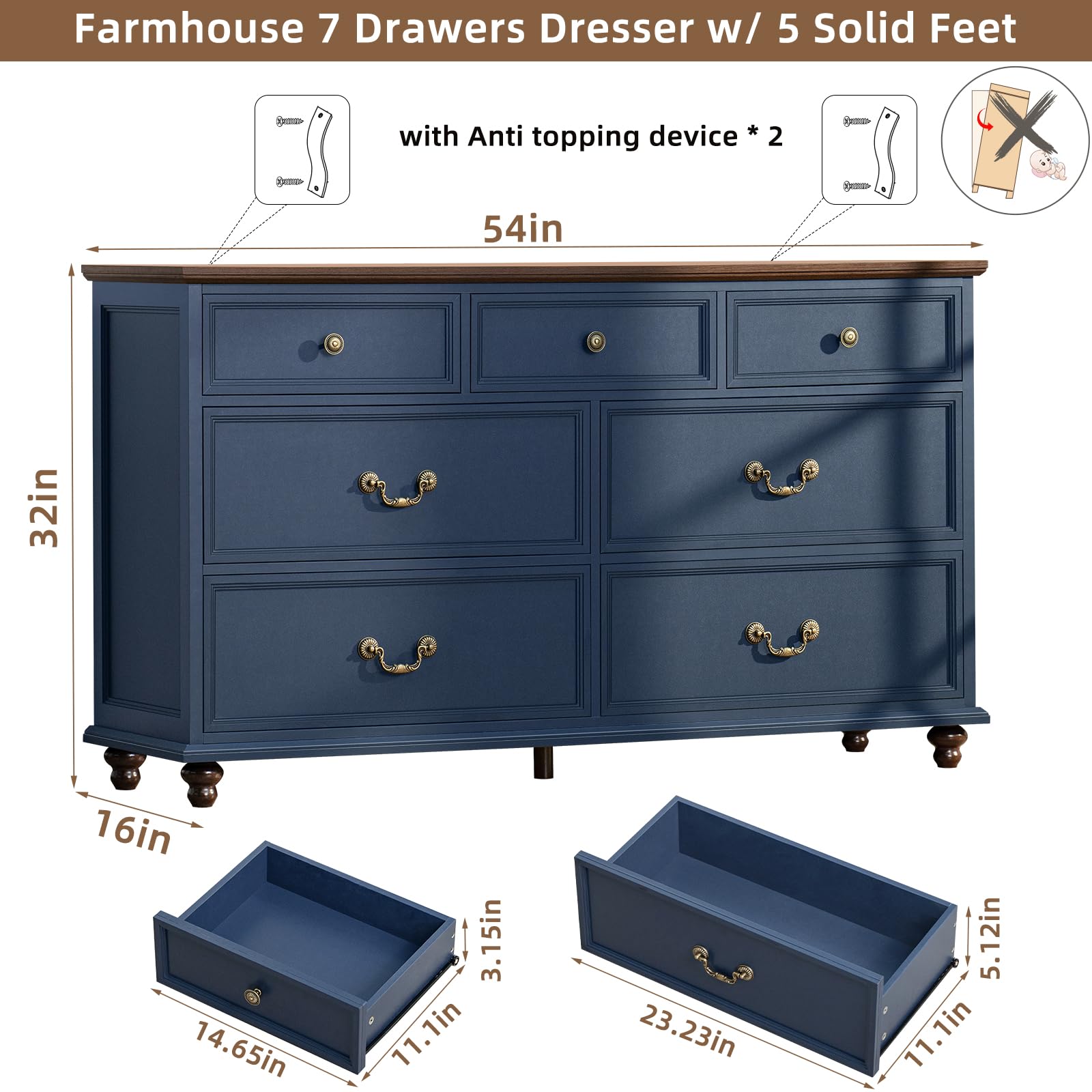 Farmhouse Style Nightstand Set of 2 with Charging Station & 7-Drawer Wood Dresser - 54