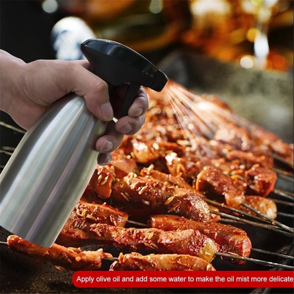 Premium Stainless Steel Oil Spray Bottle - 500ml Olive Oil Sprayer for Kitchen, Cooking, Baking & Grilling - Non-Aerosol Mister for Healthy Cooking & BBQ Tools (Silver) - Perfect for Salad Dressing, Frying & Baking