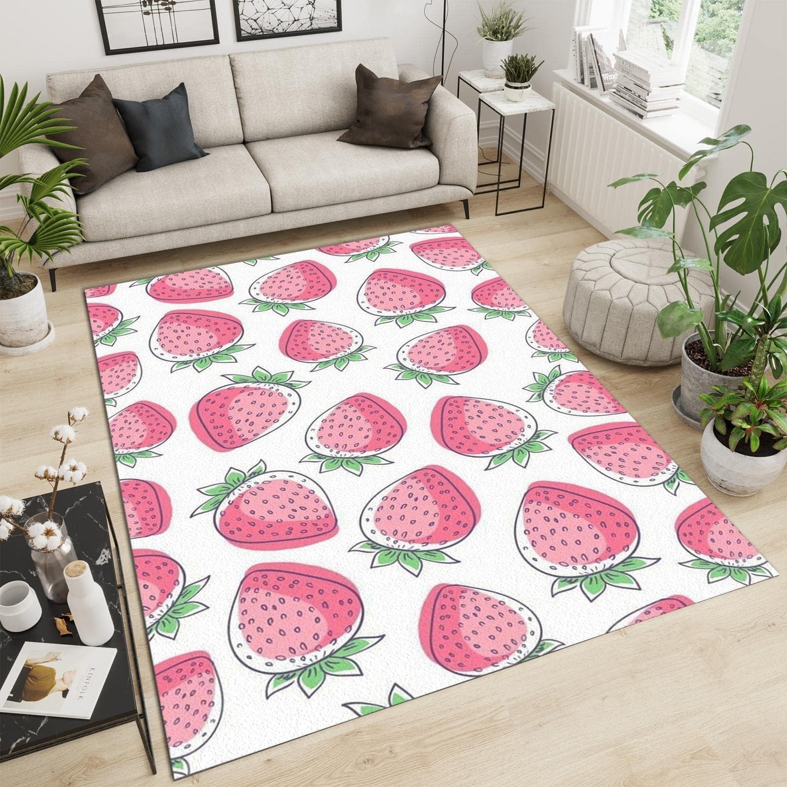 5x8ft Strawberry Cartoon Kids Area Rugs - Non-Slip Fruit Pattern Play Mat for Nursery, Bedroom & Playroom | Soft, Washable & Comfortable Floor Rug for Toddlers' Room Decor & Gift Ideas
