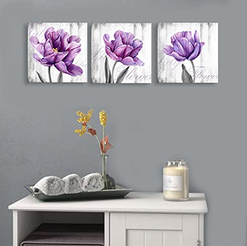 Framed Flower Wall Art Set - Purple & Grey Tulip Canvas Paintings for Bedroom & Living Room Decor (16x16 Inch x 3 Pieces, Lilac Tulips) | Floral Pictures, Home Art Prints, Gift Idea for Housewarming & Interior Design