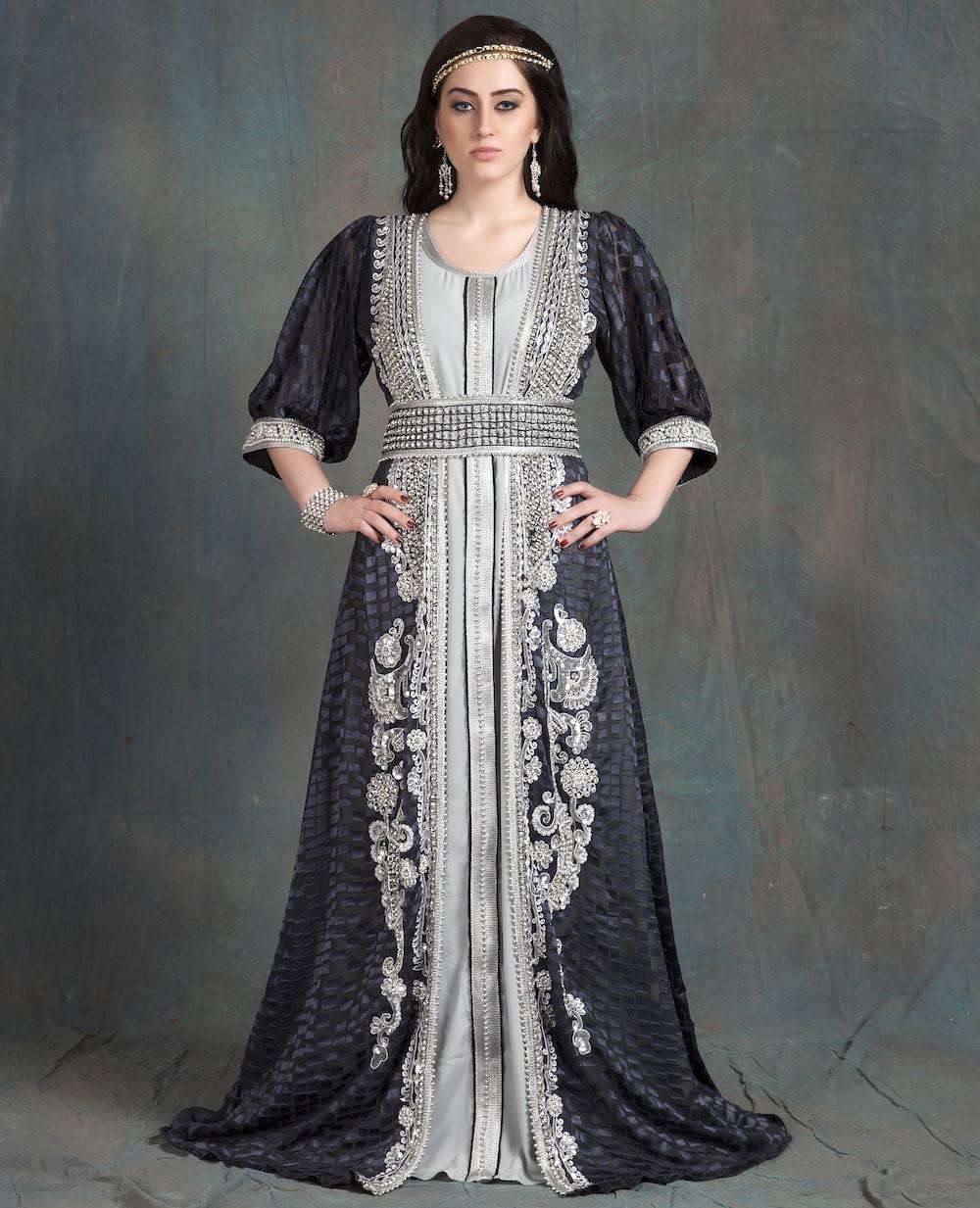Elegant Grey Wedding Gown with Hand Beaded Moroccan Kaftan Design - MYPF1220 | Designer Bridal Dress for Beach Weddings, Boho Chic Ceremonies & Special Occasions