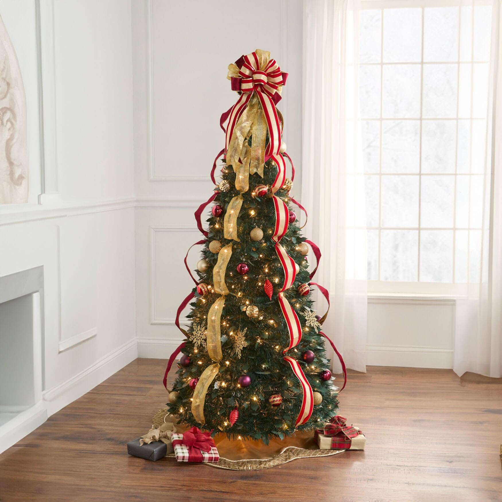 BrylaneHome 6ft Pre-Lit Pop-Up Christmas Tree with Burgundy & Gold Decorations - Easy Setup Artificial Holiday Tree for Living Room, Office, or Party Decor