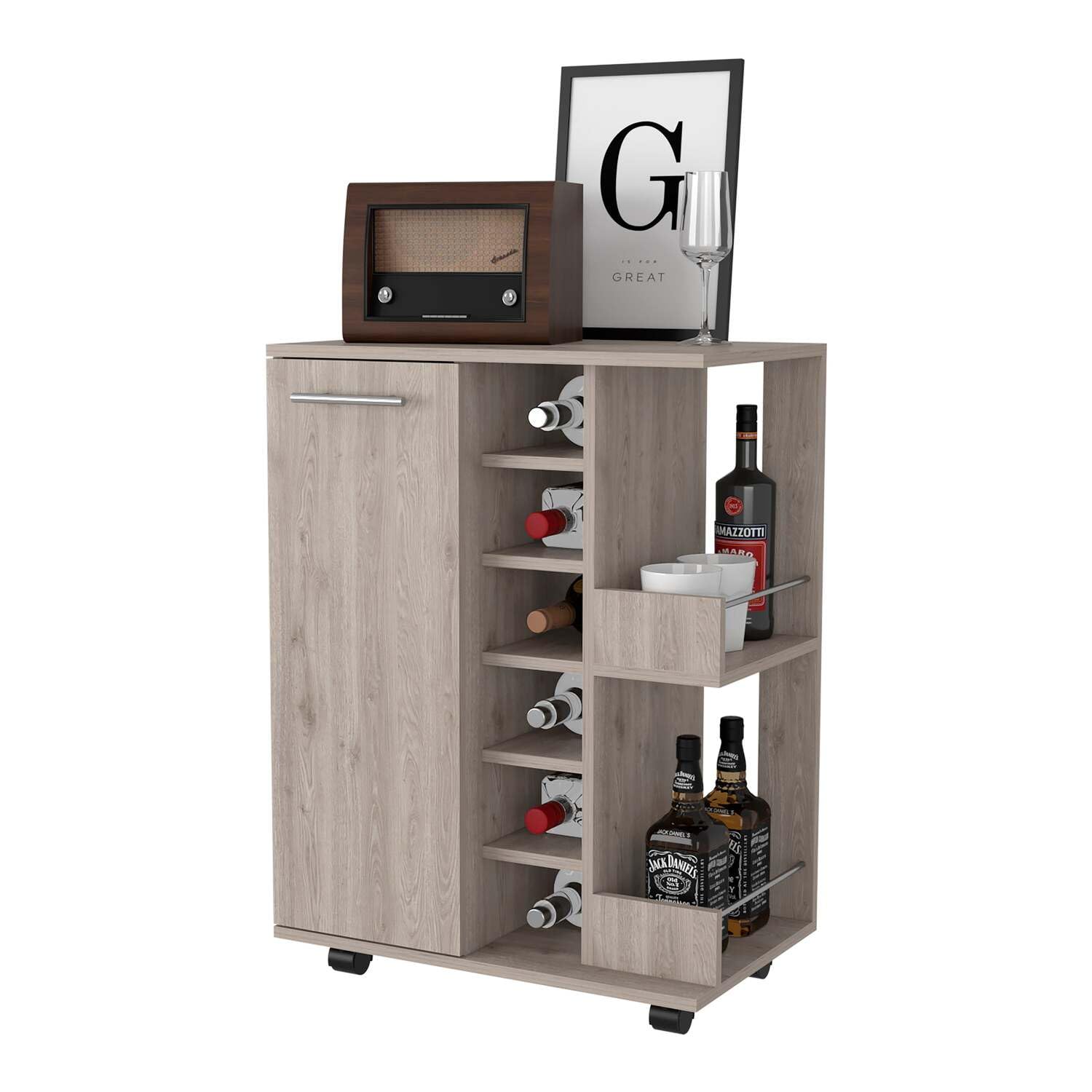**29-Inch Tall Light Gray Bar Cart with Cabinet, 6 Cubbies & 2 Shelves - Perfect for Home Bar, Kitchen Storage & Living Room Organization**