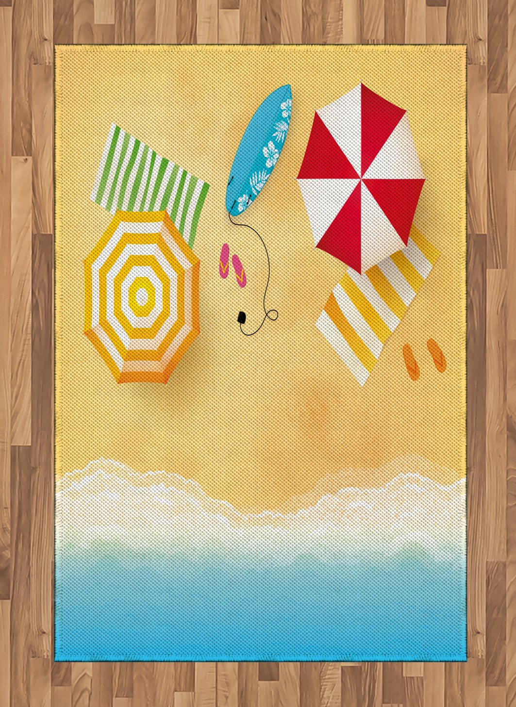 Ambesonne Coastal Beach Area Rug - Ocean Waves with Umbrella, Towels & Surfboard Summer Design | Non-Slip Flat Woven Accent Rug for Living Room, Bedroom, Dining Room | 4' x 5.7' Pale Sand | Perfect for Beach House Decor & Vacation Home Styling