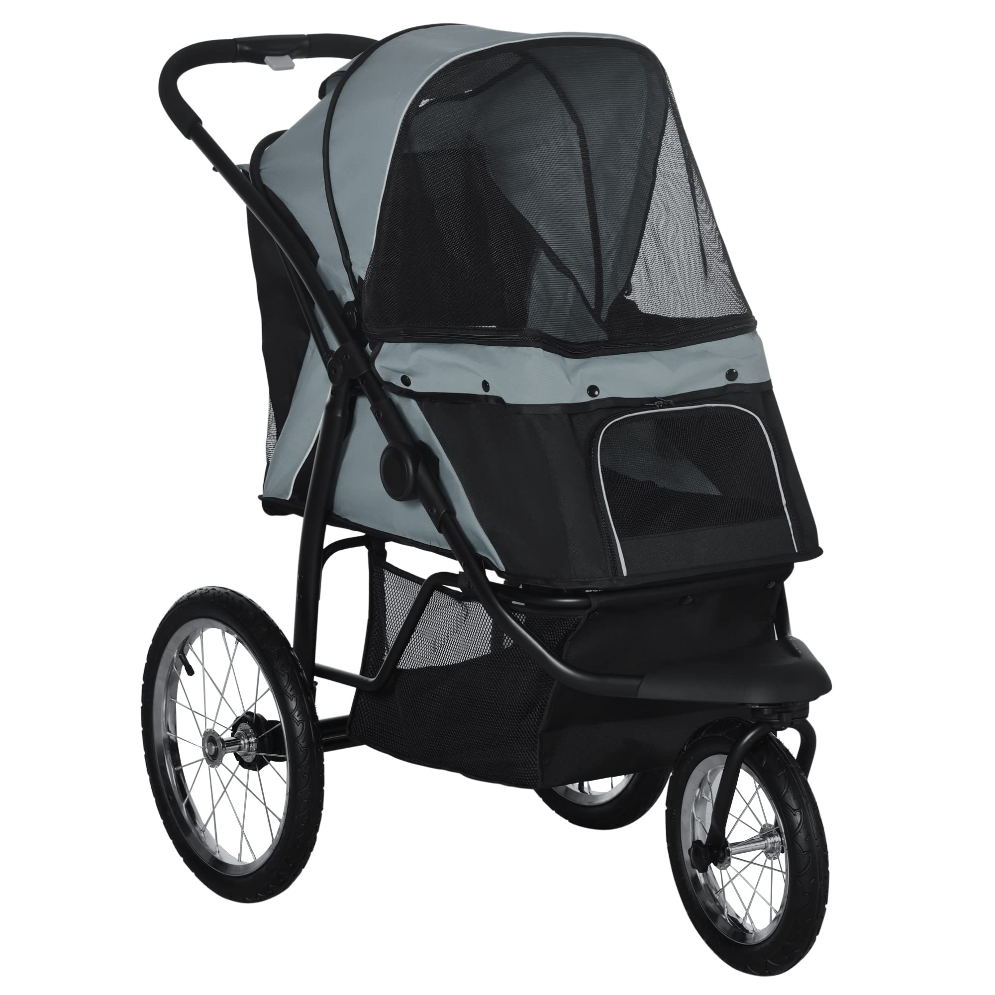 PawHut Foldable Pet Stroller for Small & Medium Dogs & Cats - 3 Large Wheels Jogger with Adjustable Canopy, Safety Tether, Cushion & Storage Basket - Gray | Perfect for Walking, Jogging & Outdoor Adventures with Your Pet