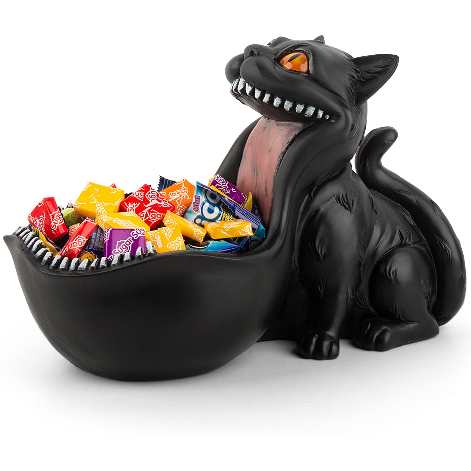 Gothic Black Cat Statue Candy Bowl - Large Decorative Dish for Office Desk, Entryway Table, Halloween Decor - Unique Gift for Cat Lovers (Big Mouth Design)