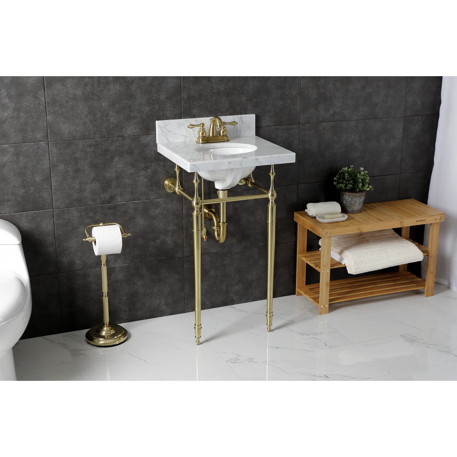 19 Inch Edwardian Style Carrara Marble Console Bathroom Sink with Brass Legs - 4 Inch Depth, 3 Hole Faucet Mount for Powder Rooms & Luxury Bathrooms