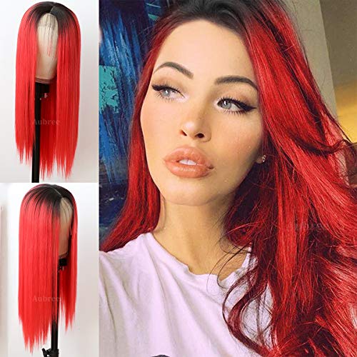 Black & Red Lace Front Wig - Long Straight Synthetic Hair with Heat Resistance | Glueless Lace Wig for Women | Perfect for Cosplay, Halloween, and Fashion Events