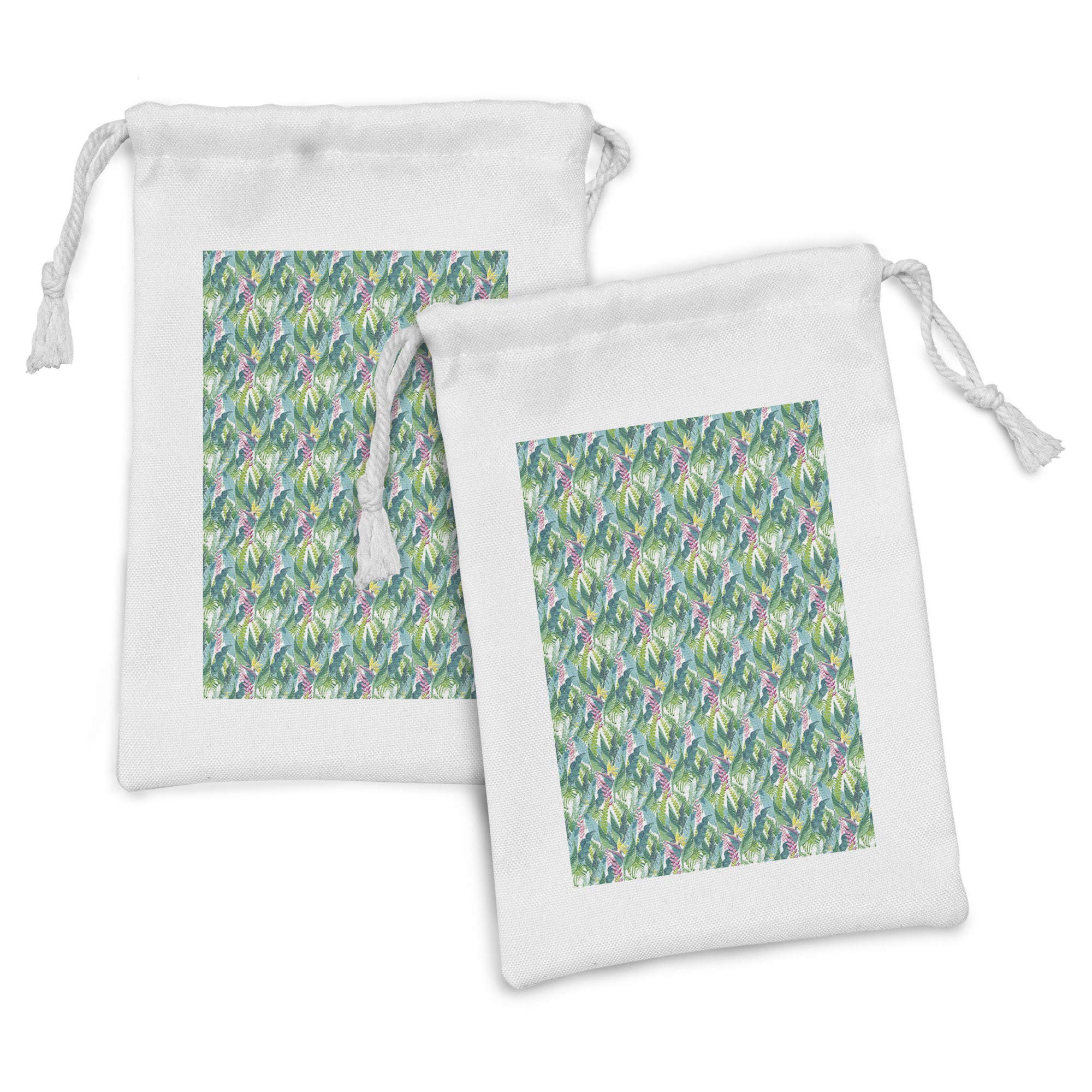 Ambesonne 2-Pack Tropical Fabric Pouches - Watercolor Hawaiian Foliage with Fern & Monstera Leaves - 9