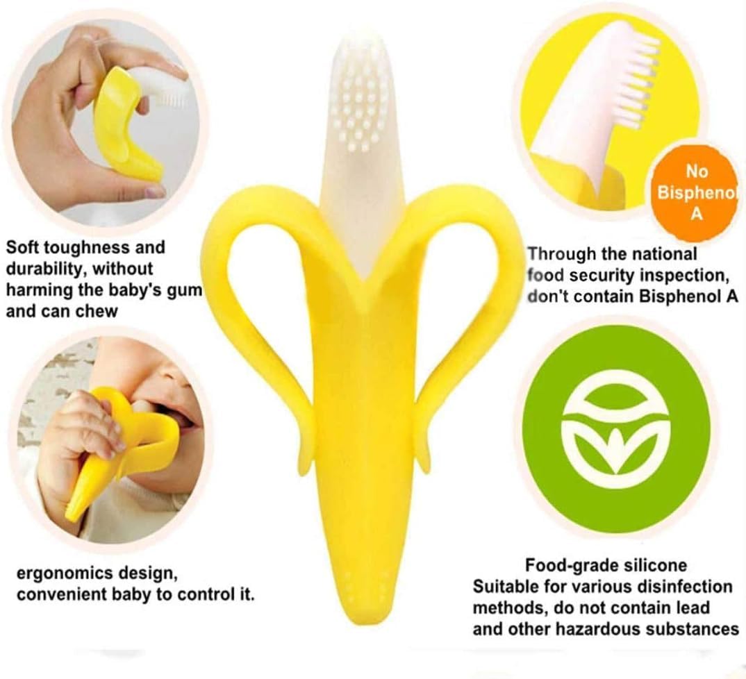 Kritiu Banana Shape Baby Brush & Fruit Teether Set - Soft Silicone Teething Toy for Infants | BPA-Free, Non-Toxic & Easy to Clean | Perfect for Soothing Sore Gums & Oral Hygiene (Yellow & Red) - Ideal for Home, Travel & Daycare Use