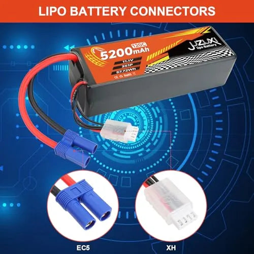 2Pcs 11.1V 5200mAh 3S 120C Lipo Battery with XH & EC5 Connector - High Power Rechargeable Lithium Polymer Battery for RC Car, Boat, Quadcopter, Helicopter, Airplane and RC Models - Perfect for Racing, FPV Drones and Long Flight Time Applications