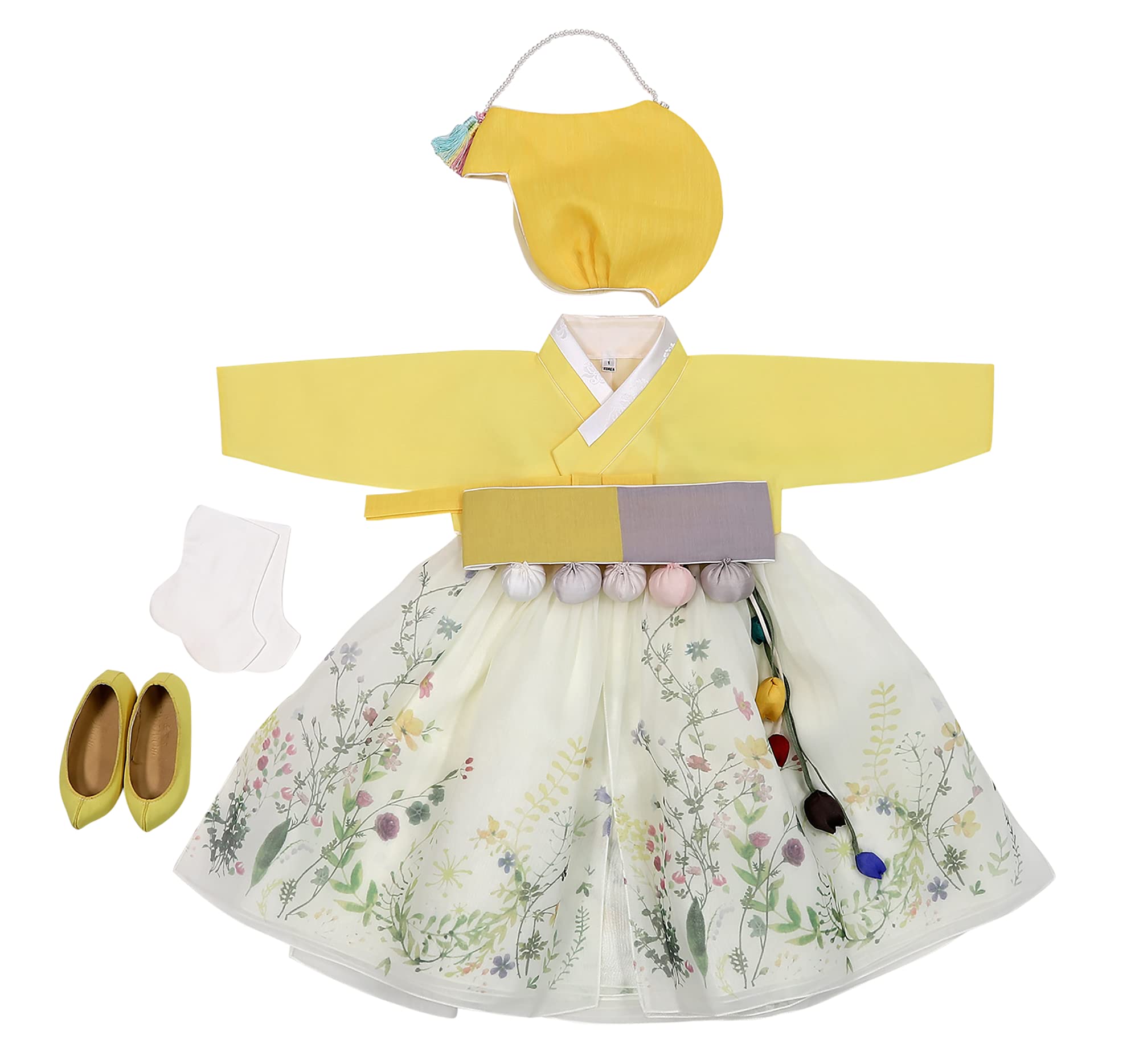 Girl's Korean Traditional Hanbok Dress for 1st Birthday & 100 Days Celebration - Yellow Floral Design (Ages 0-8) | Perfect for Photoshoots, Cultural Events & Special Occasions