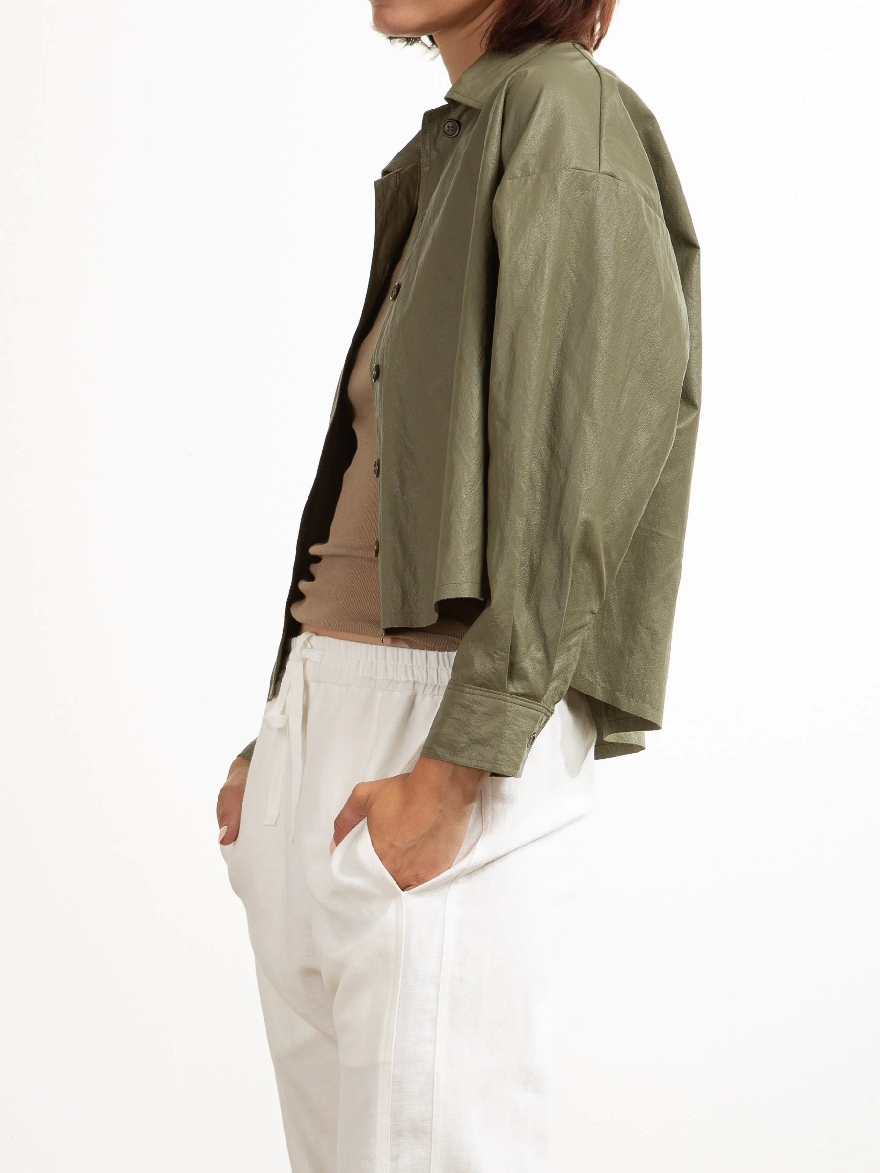 Esme Crop Faux Leather Shirt in Army Green - Stylish Vegan Leather Top for Women | Perfect for Night Out, Party & Streetwear Fashion