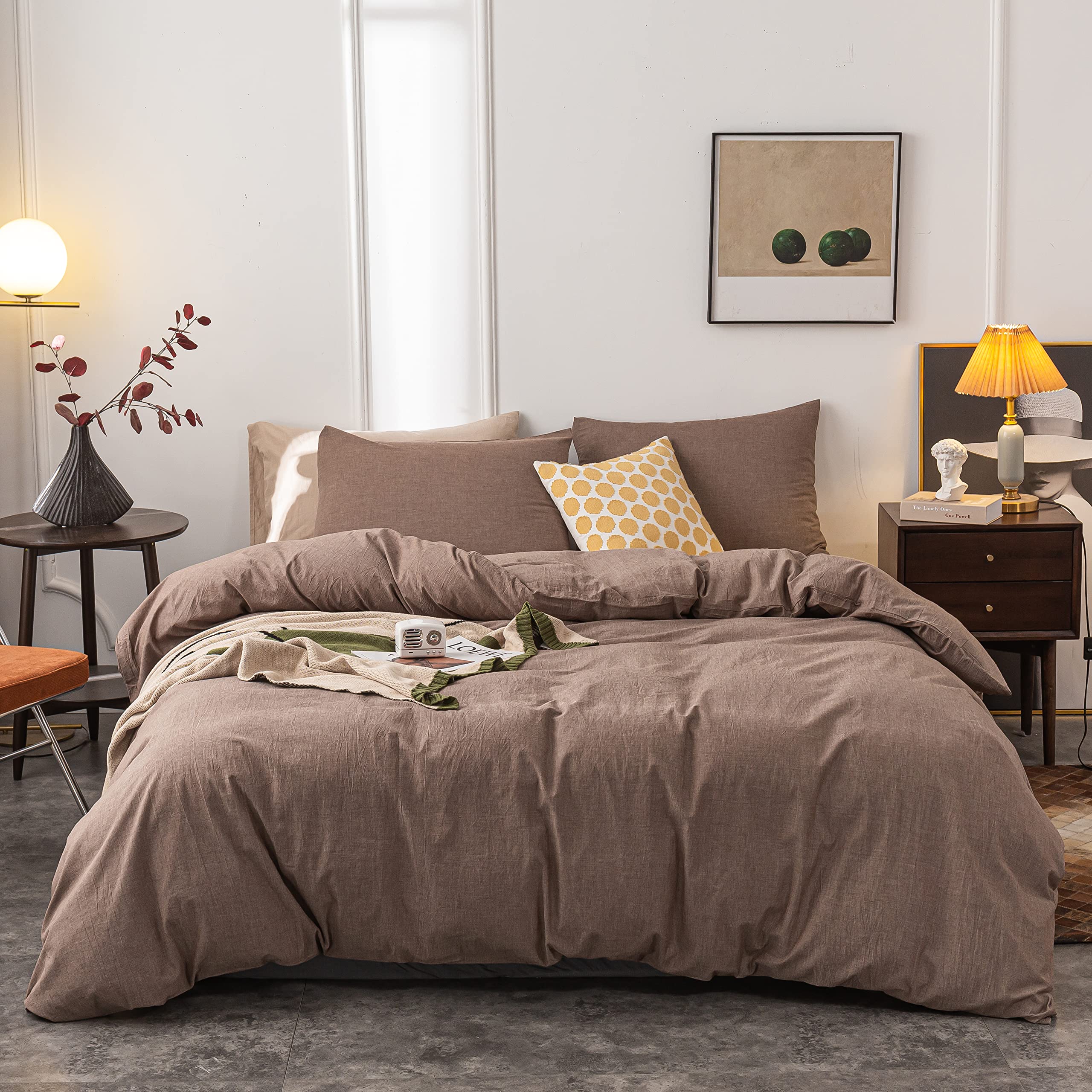 Janlive 100% Washed Cotton King Duvet Cover Set - Ultra Soft Solid Coffee Color Bedding with Zipper Closure, 3-Piece Set for Cozy Bedroom Decor & Luxury Hotel Style Comfort