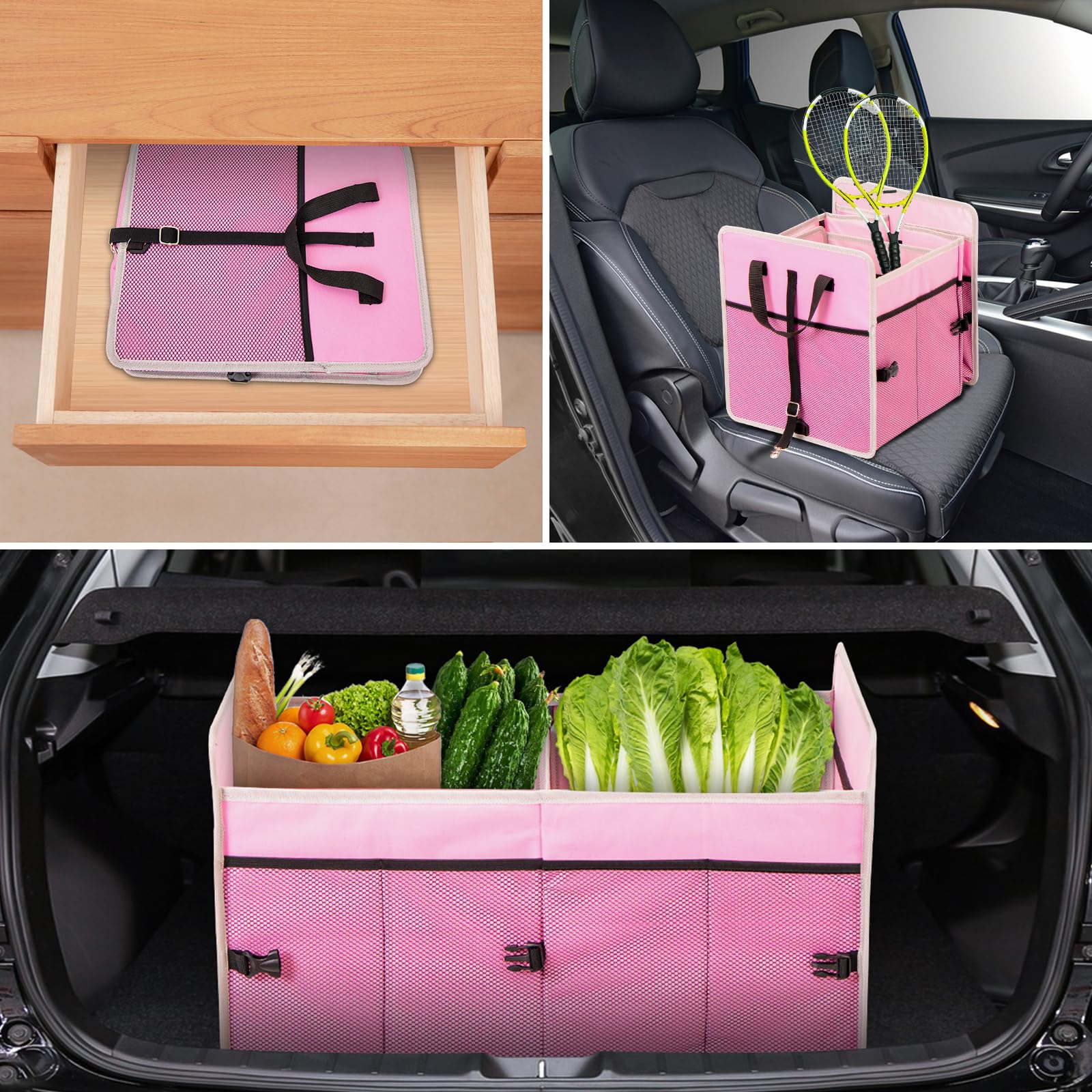 Collapsible 75L Large Capacity Car Trunk Organizer with 2 Compartments - Portable SUV Storage for Travel, Groceries & Sports Gear (Pink)