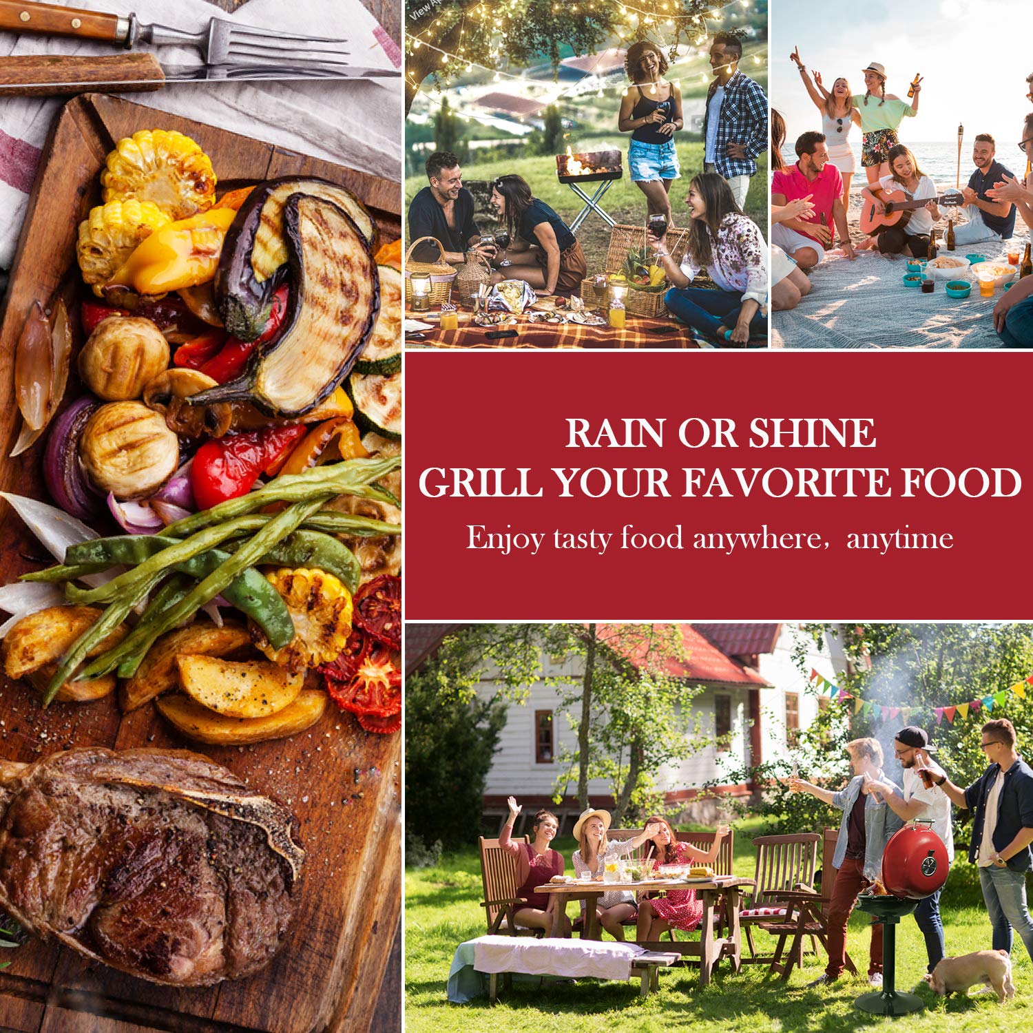 Techwood 1600W Electric Grill for Indoor & Outdoor Use - Portable BBQ Grill with Removable Stand, Perfect for Backyard, Camping & Patio Cooking (Red)