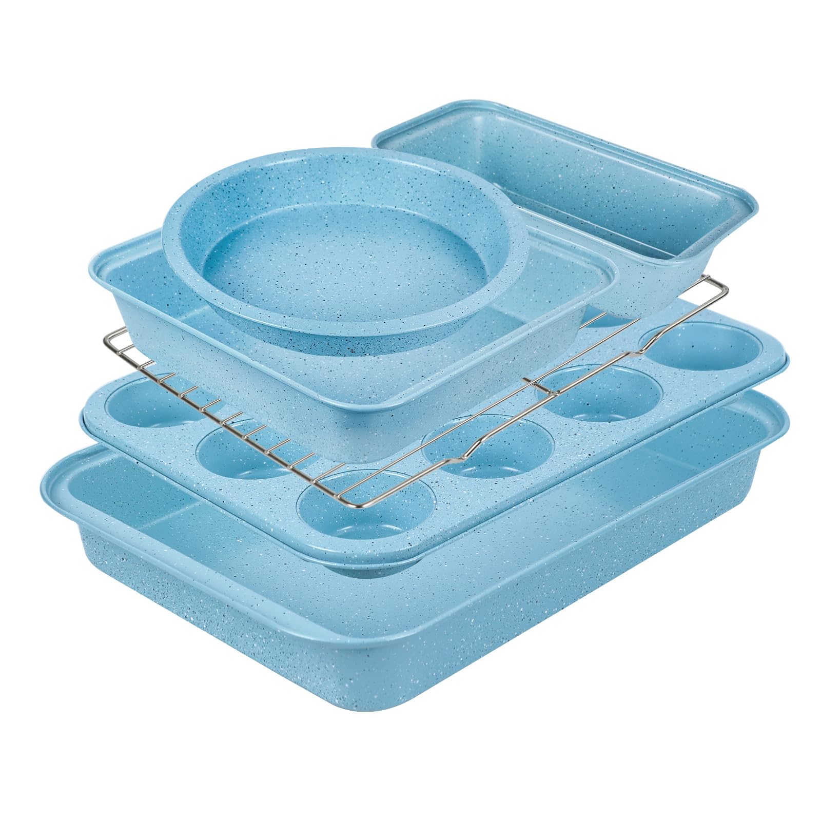 6-Piece Nonstick Baking Pans Set - Carbon Steel Oven Bakeware with Stackable Design - Easy to Use Blue Baking Sheet Set for Cookies, Cakes & Bread - Perfect for Home Kitchen & Holiday Baking