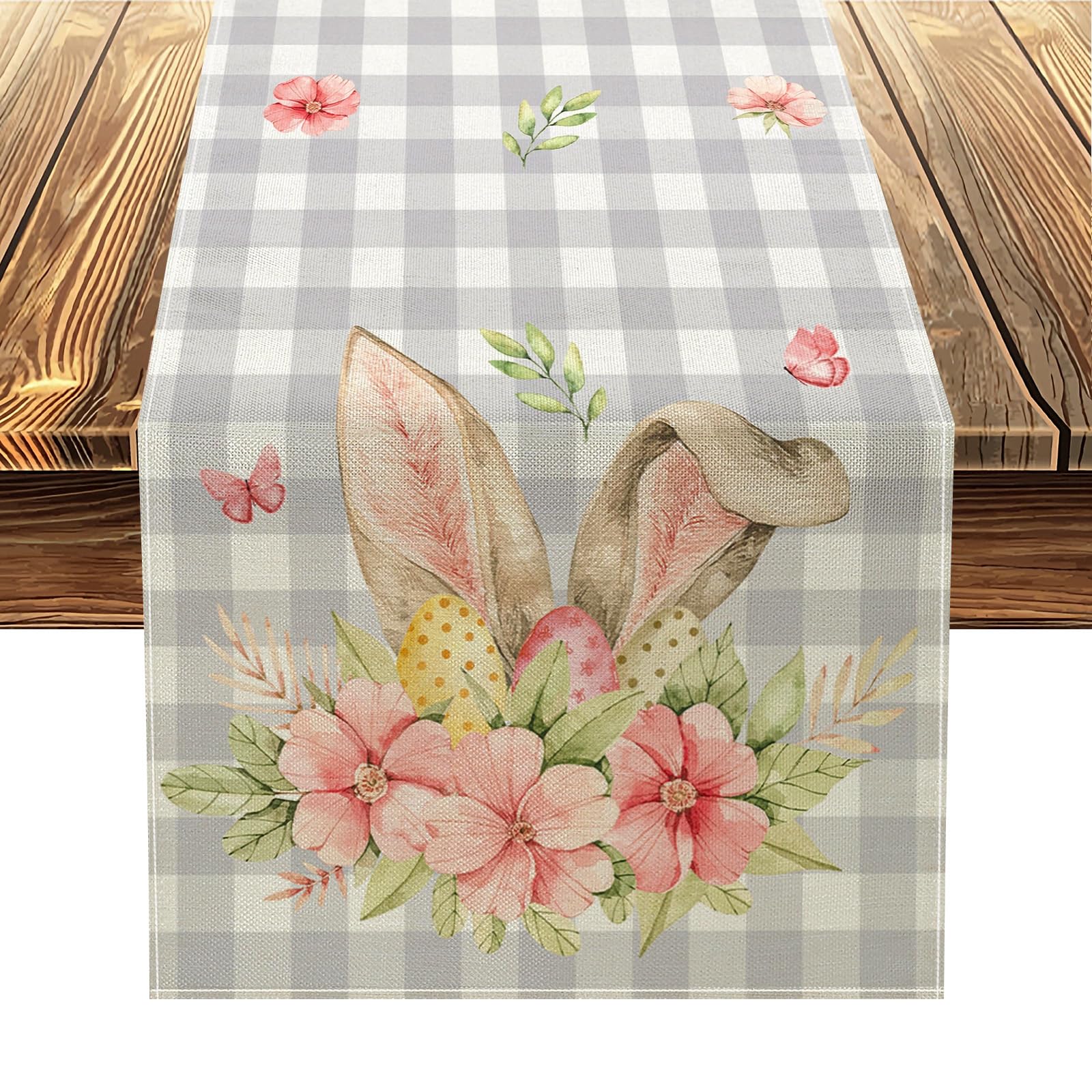 Easter Table Runner 72 Inches Long - Bunny Rabbit & Floral Pink Buffalo Plaid Design for Spring Summer Holiday Decorations - Perfect for Easter Dining Table, Buffet Decor, and Seasonal Home Decor (12x72 Inches)