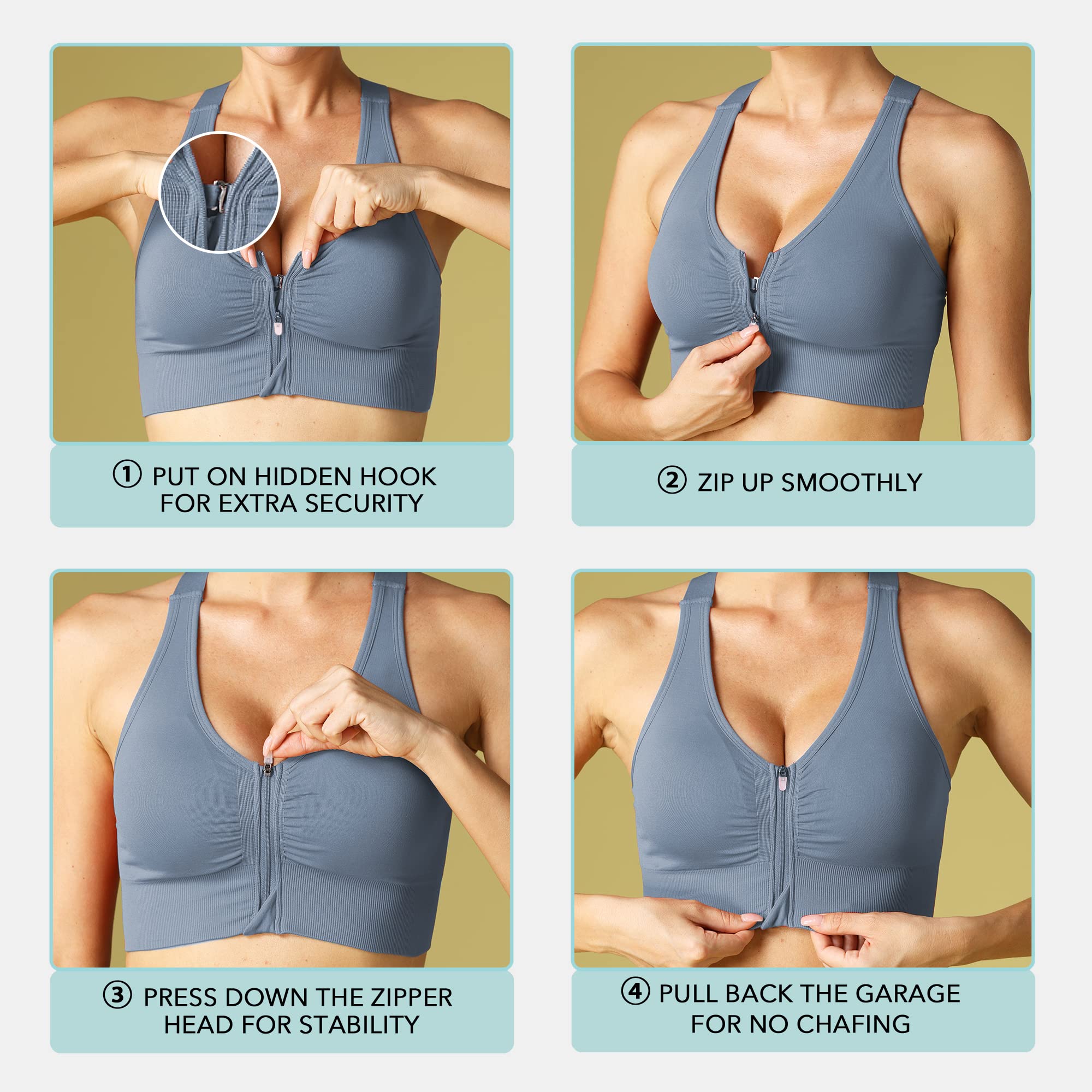 Evercute Zip Front Post-Surgery Bra for Women - Wireless Sports Bra with Padded Straps, Medium Support Yoga & Athletic Bras - Perfect for Post-Surgery Recovery, Yoga, Gym Workouts & Everyday Comfort