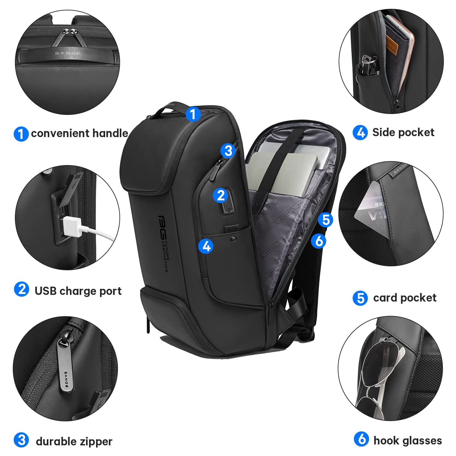 BANGE Business Laptop Backpack for Men & Women - 15.6 Inch Smart Commuter Backpack with USB Charging Port, Water Resistant & Anti-Theft Design - Perfect for Work, Travel & College (Black)