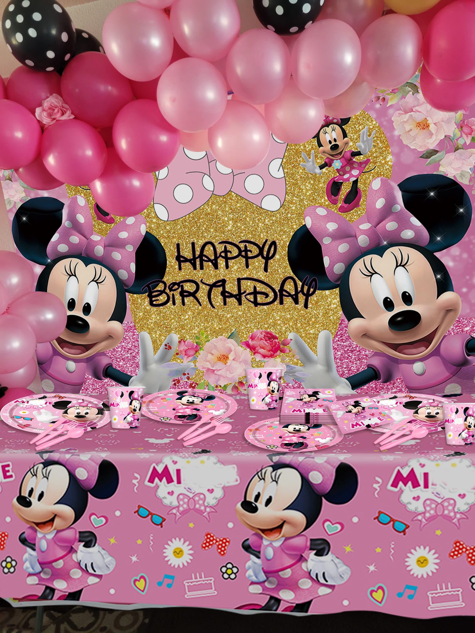 Pink Mouse Party Tableware Set - 6x4ft Backdrop, Dinner Plates, Dessert Plates, Paper Cups, Forks, Knives, Spoons, Napkins & Tablecloth - Perfect for Birthday Parties, Baby Showers & Themed Events