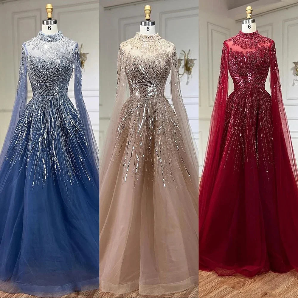 Serene Hill Caramel Luxury Evening Gown with Cape Sleeves - A-Line Beaded Lace Wedding Dress for Women | 2025 LA72386 | Perfect for Formal Events, Bridal Parties & Red Carpet Occasions