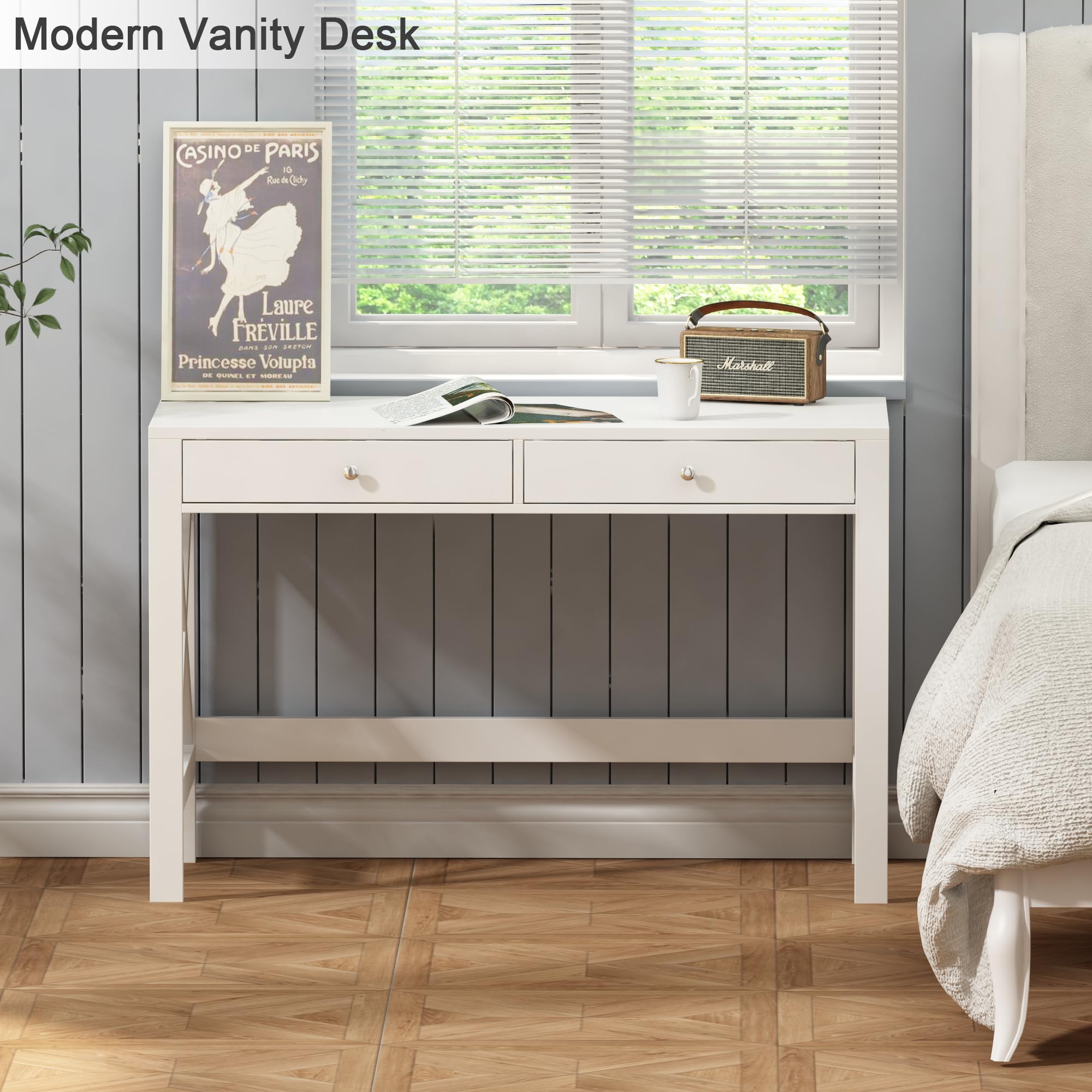 Modern 40-Inch White Computer Desk with Drawers - Home Office Study Desk, Makeup Vanity & Console Table for Small Spaces | Perfect for Remote Work, Online Learning & Beauty Routine Organization