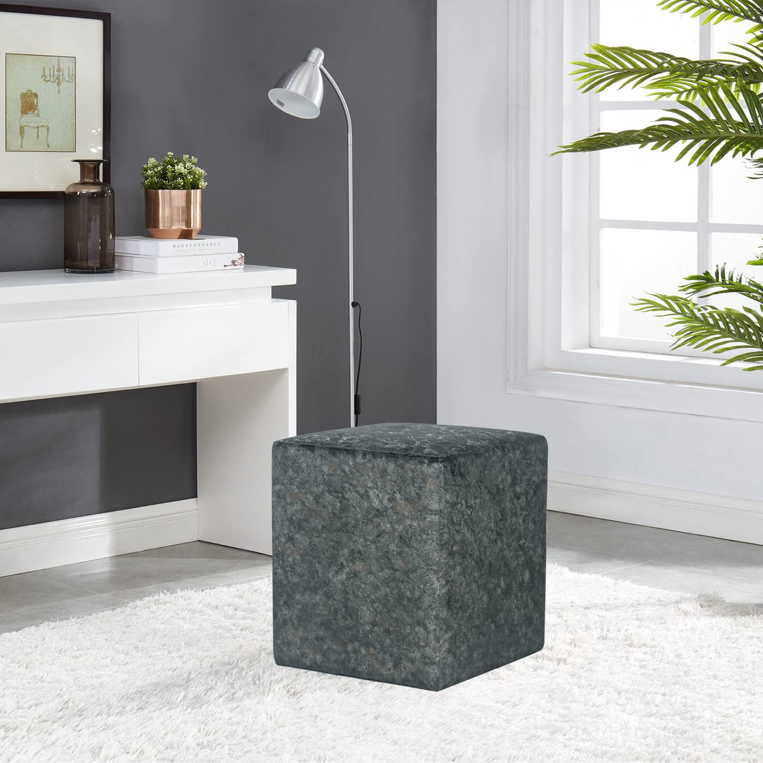Joveco Square Ottoman Vanity Stool - Fabric Upholstered Footrest & Footstool with Non-Slip Pad - Modern Side Table Seating for Living Room, Bedroom & Home Office - Grey - Perfect for Lounging, Makeup Vanity & Extra Seating