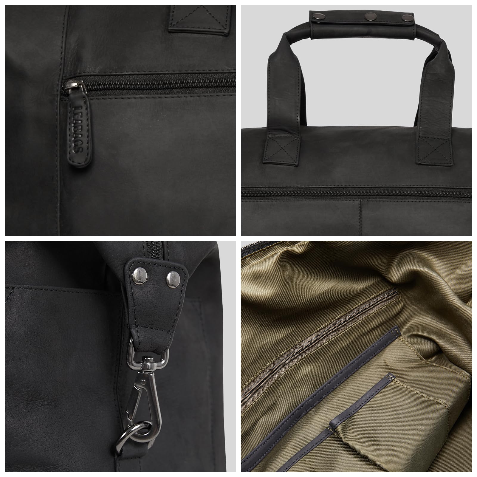 Leabags Genuine Leather Weekender Bag - 41L Premium Travel Duffle for Gym, Sports & Airplane - Large Natural Black Carryall for Women & Men - Perfect for Weekend Getaways, Business Trips & Workout Sessions
