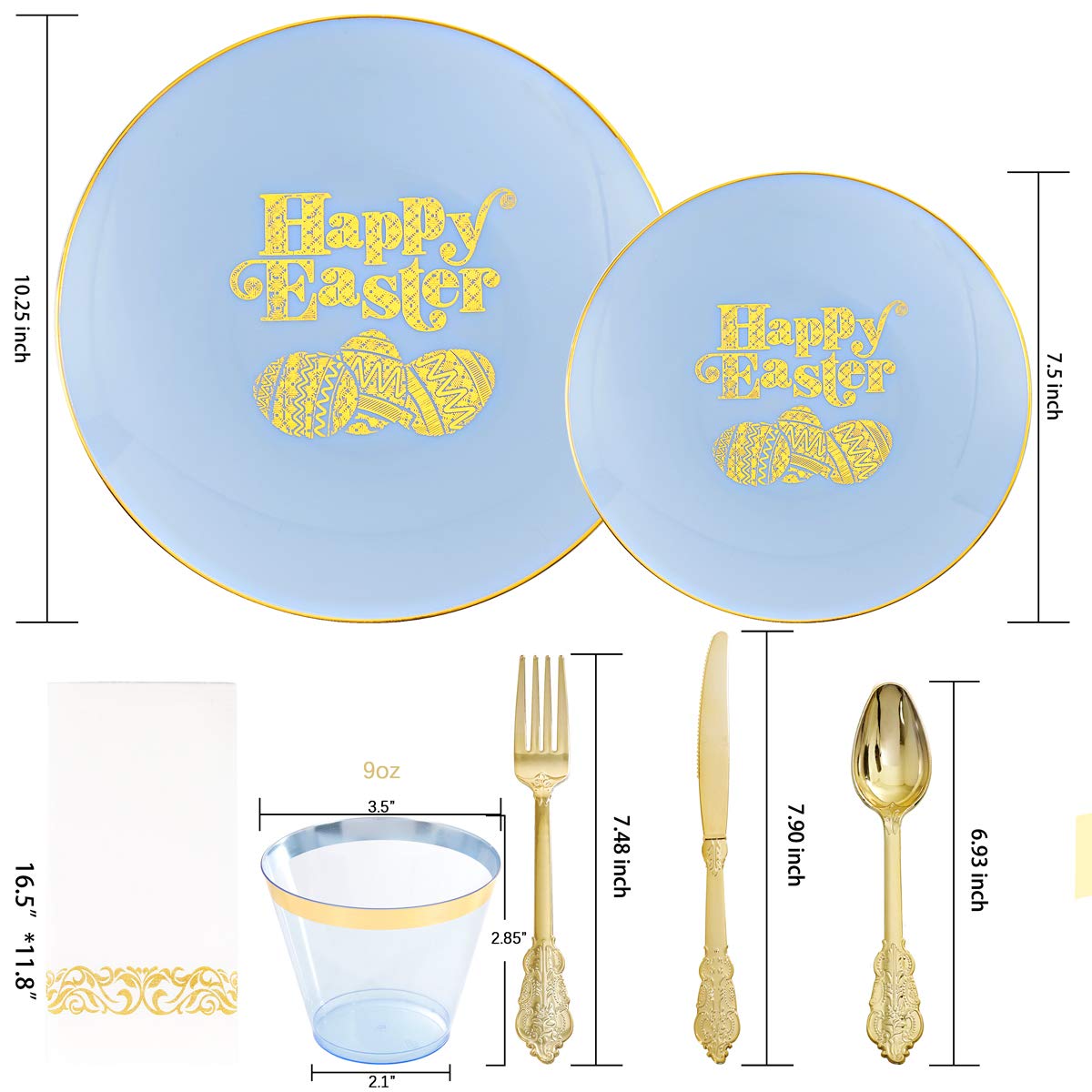 150-Piece Easter Party Tableware Set - Blue & Gold Disposable Plastic Plates, Cutlery & Cups for Easter Egg Hunt, Brunch, and Spring Celebrations