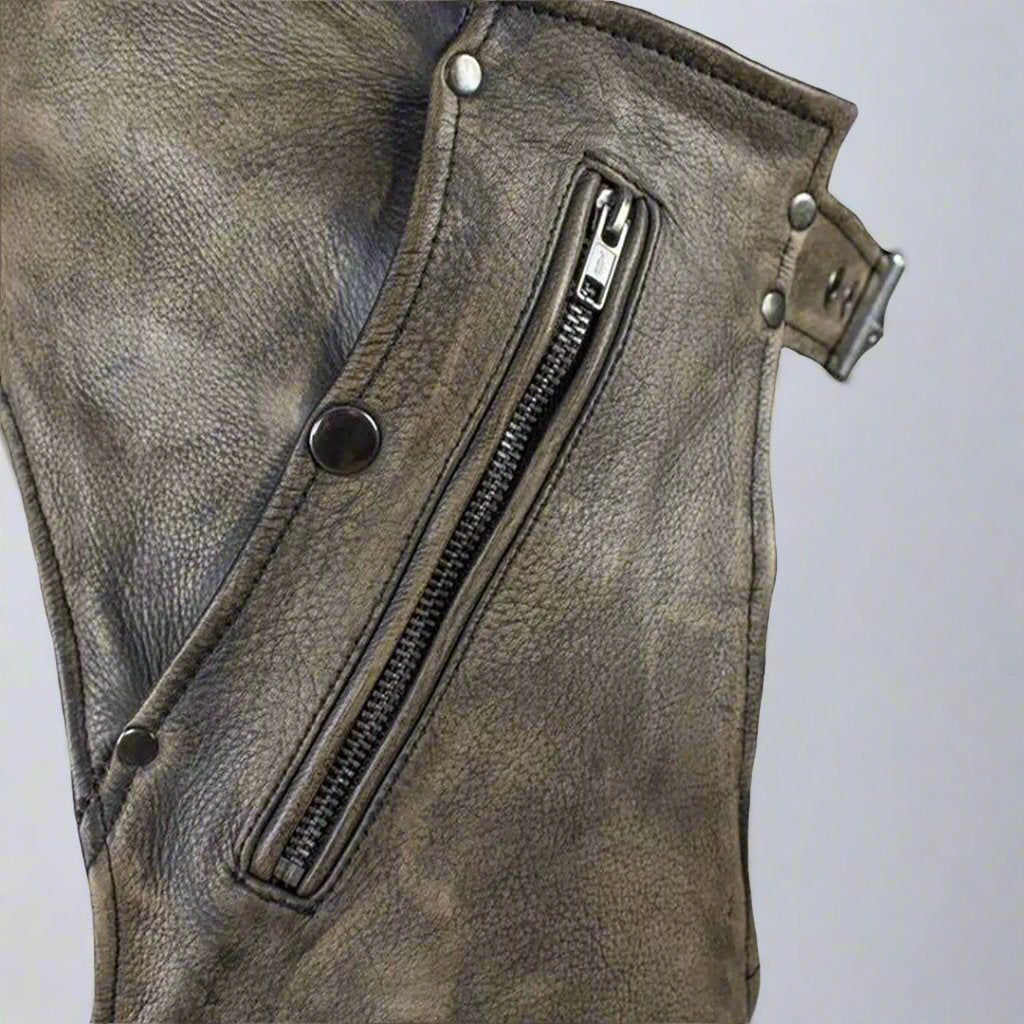 Open Road Men's Distressed Brown 4-Pocket Premium Leather Chaps for Motorcycle Riding, Biker Fashion & Cowboy Style