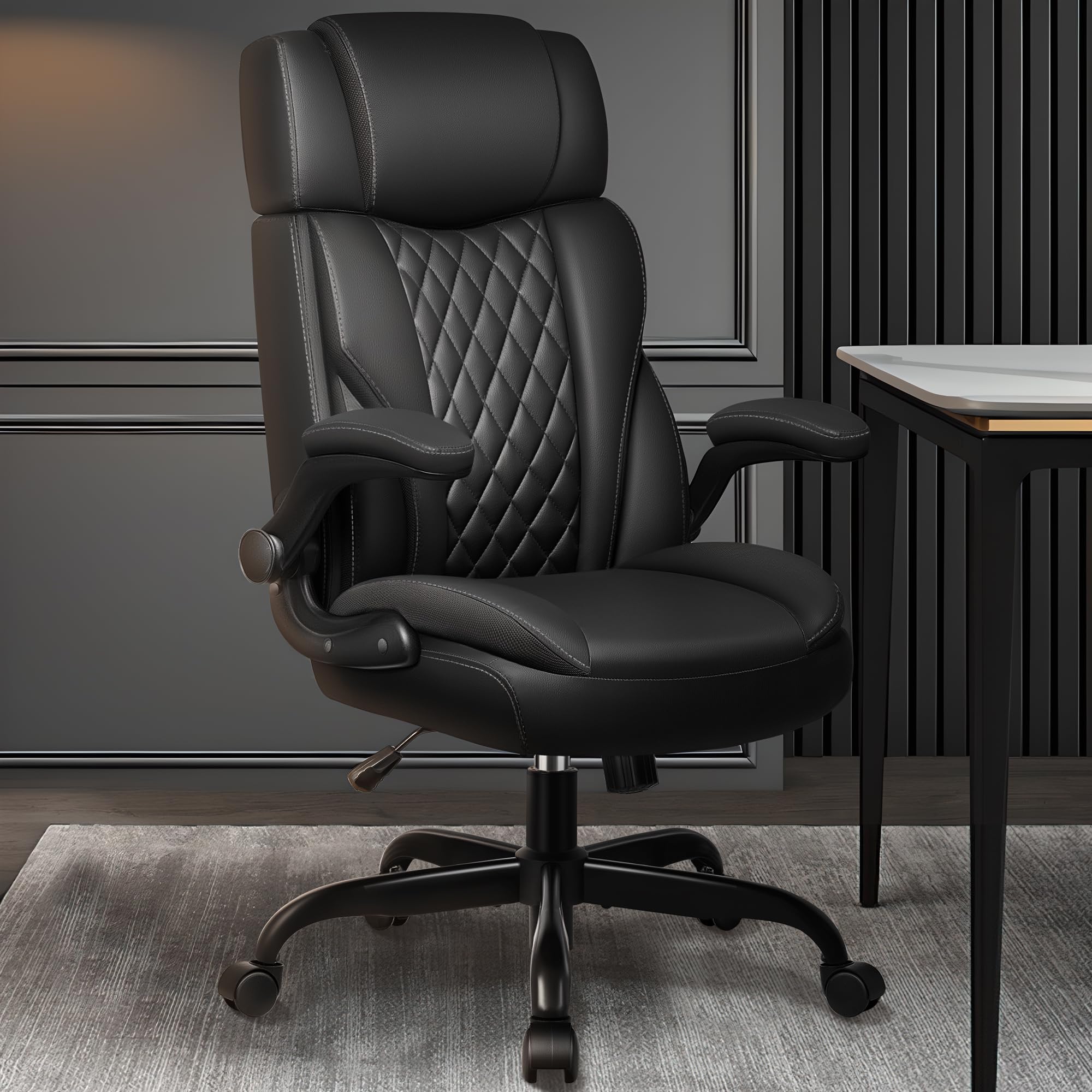 Ergonomic Executive Office Chair with Flip-Up Arms, Adjustable Headrest & Lumbar Support - Premium Leather Desk Chair with Rocking Function for Home Office & Computer Work