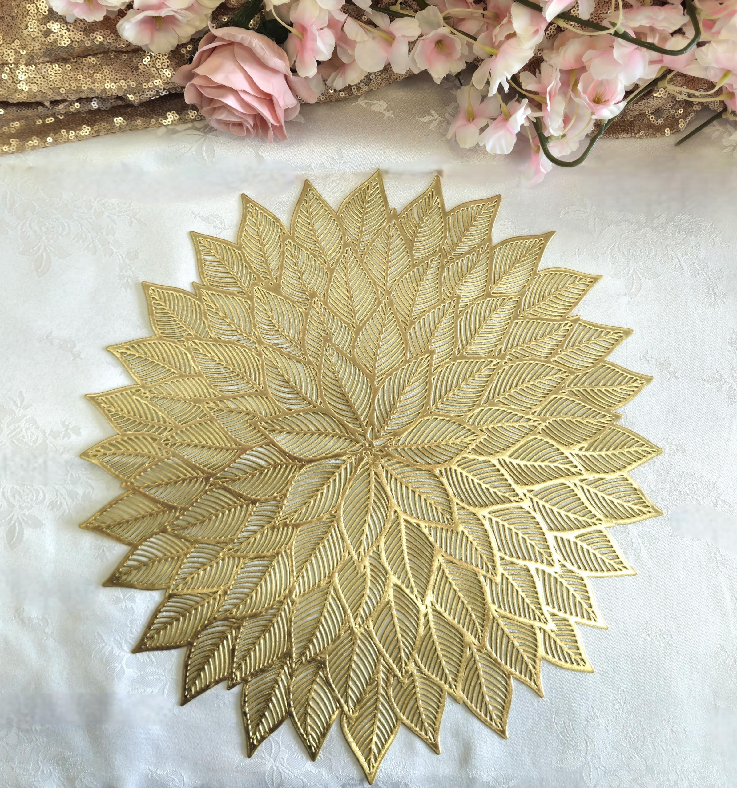 120-Piece Metallic Gold Vinyl Placemats Set - Elegant Pressed Table Mats for Weddings, Parties & Special Occasions - Dhalia Pattern Matt Gold Centerpiece Decor