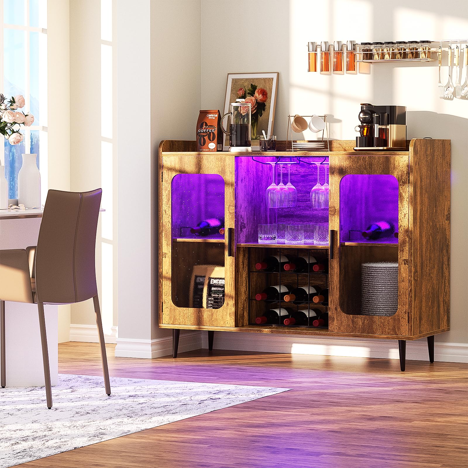 Modern Liquor Cabinet Bar with Built-in Power Outlet & LED Lighting - Wine Storage Cabinet with Glass Rack, Coffee Bar Station, Buffet Sideboard with Storage Shelves for Kitchen & Dining Room - Rustic Brown Finish - Perfect for Home Entertaining & Small Space Organization