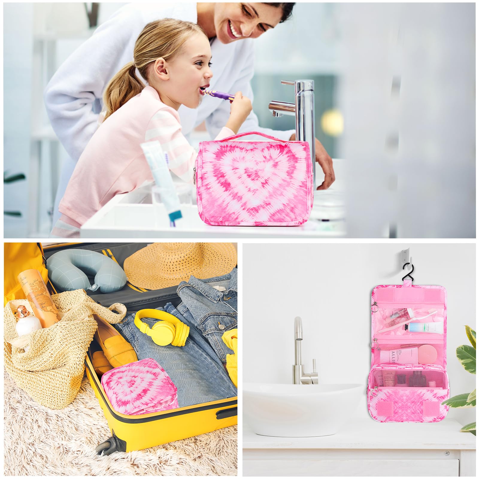 Waterproof Tie Dye Pink Heart Hanging Toiletry Bag for Girls & Teen Girls - Travel Cosmetic Makeup Organizer with Hook - Perfect for School, Camping, Vacation & Gym Essentials Storage