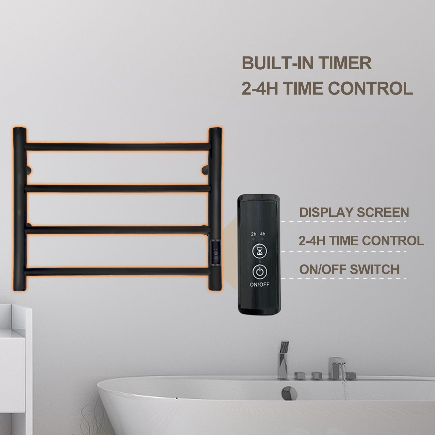 Heated Towel Rack for Bathroom - Electric Wall Mounted Towel Warmer & Dryer with Timer Control, Plug-in/Hardwired Option (Matte Black, 4 Bars) - Perfect for Spa-Like Luxury, Guest Bathrooms & Cozy Home Comfort